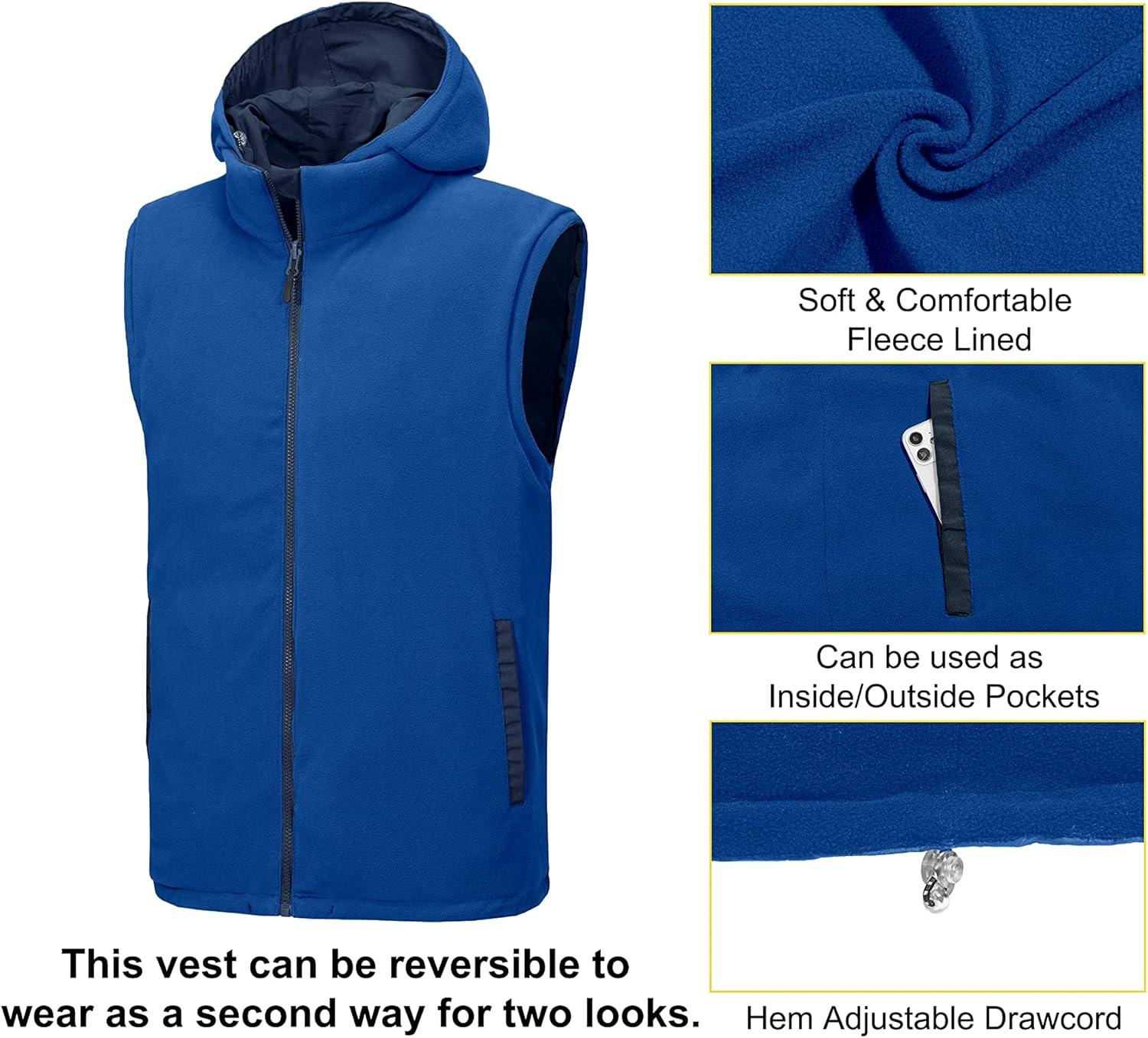 imageLittle Donkey Andy Mens Reversible Fleece Puffy Vest Warm Sleeveless Puffer Jacket with Removable Hood for Golfing HikingBlue