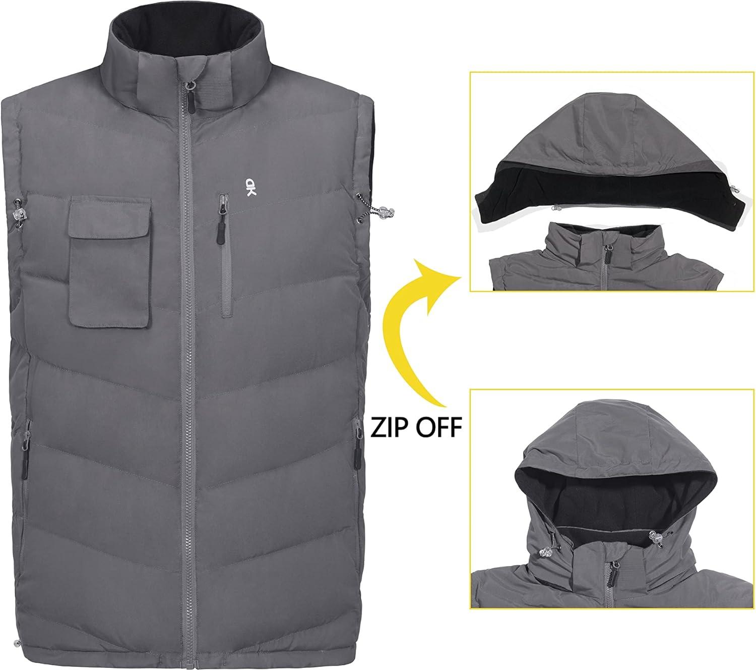 imageLittle Donkey Andy Mens Reversible Fleece Puffy Vest Warm Sleeveless Puffer Jacket with Removable Hood for Golfing HikingGrey