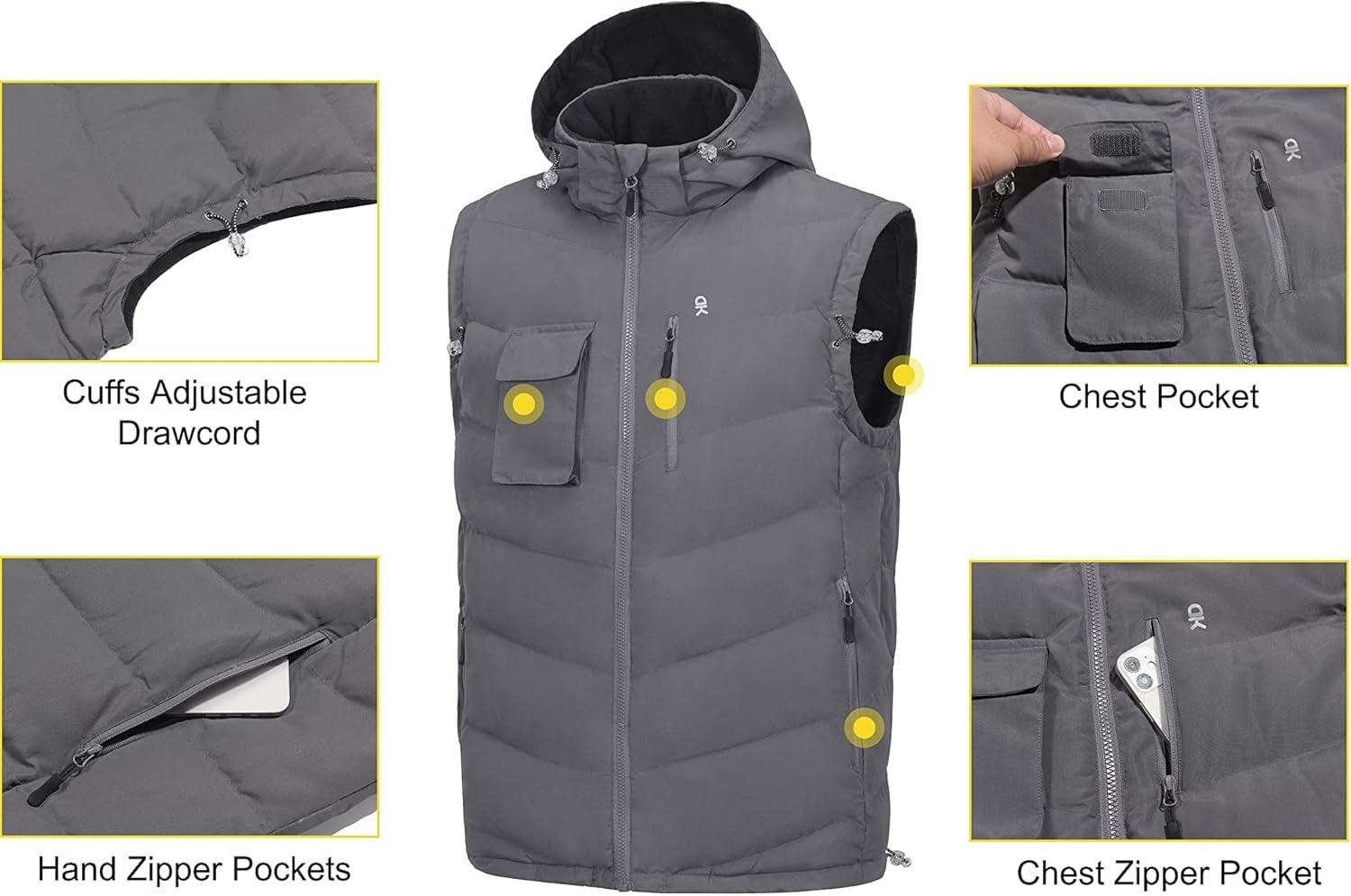 imageLittle Donkey Andy Mens Reversible Fleece Puffy Vest Warm Sleeveless Puffer Jacket with Removable Hood for Golfing HikingGrey