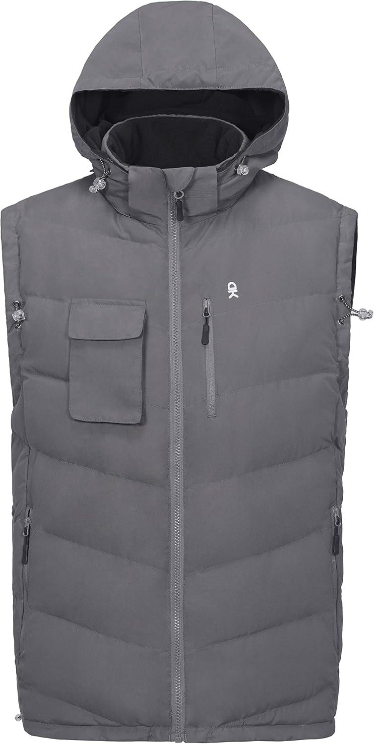 imageLittle Donkey Andy Mens Reversible Fleece Puffy Vest Warm Sleeveless Puffer Jacket with Removable Hood for Golfing HikingGrey