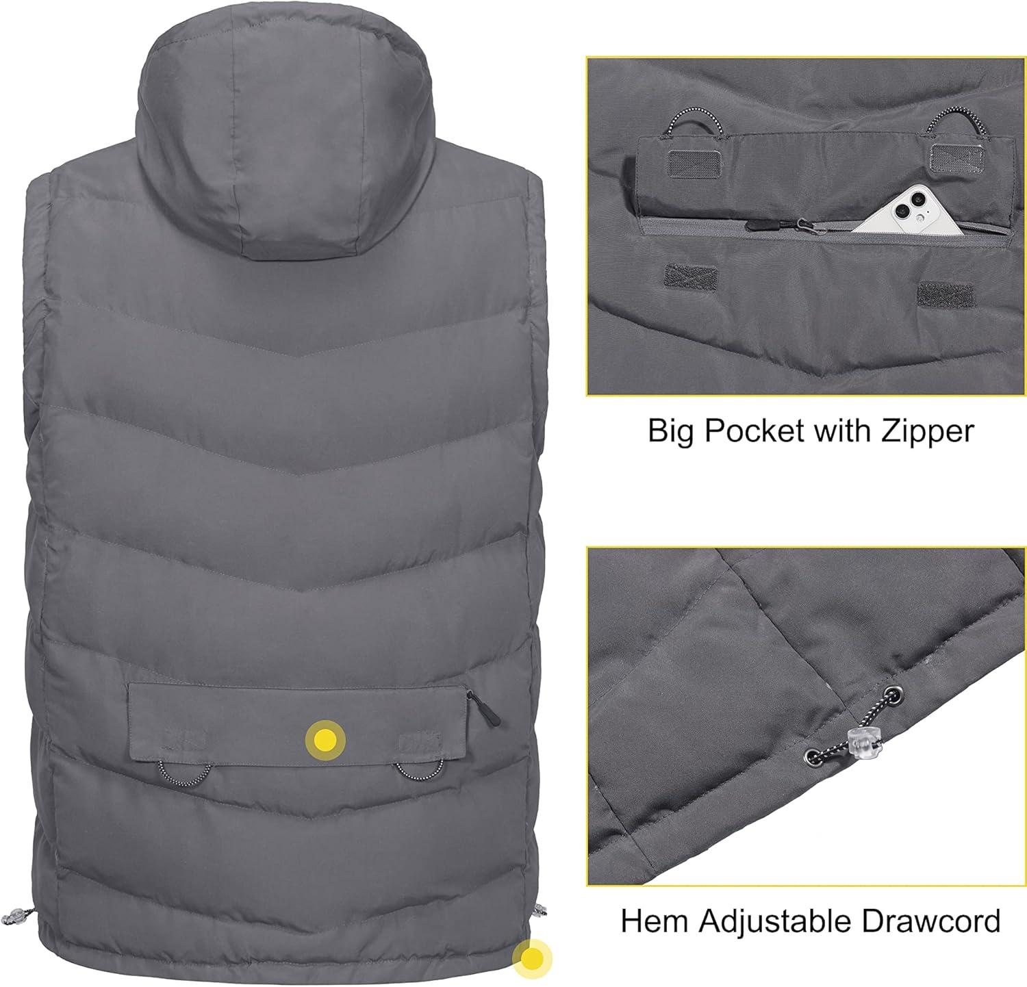 imageLittle Donkey Andy Mens Reversible Fleece Puffy Vest Warm Sleeveless Puffer Jacket with Removable Hood for Golfing HikingGrey