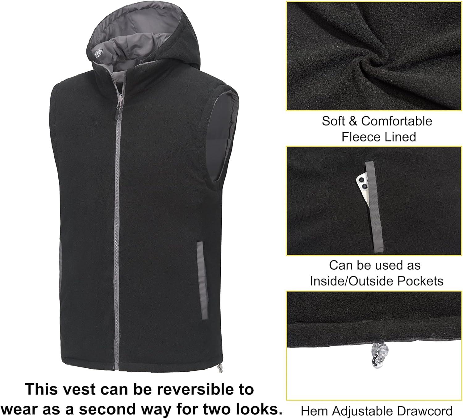 imageLittle Donkey Andy Mens Reversible Fleece Puffy Vest Warm Sleeveless Puffer Jacket with Removable Hood for Golfing HikingGrey