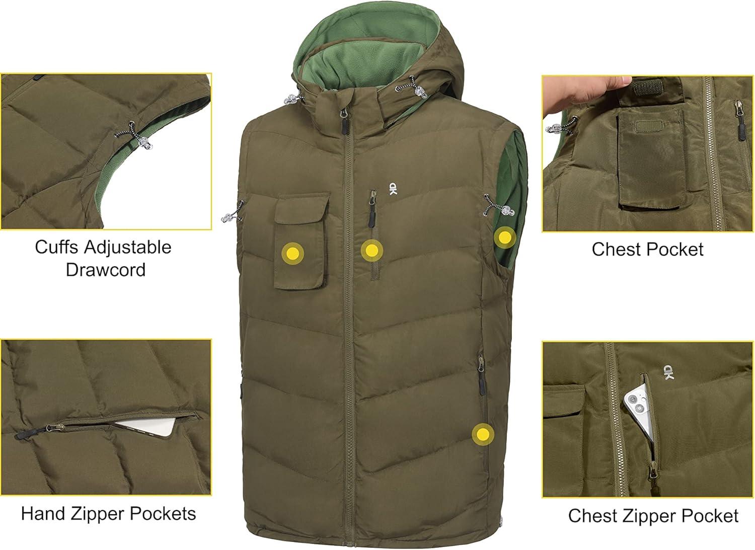 imageLittle Donkey Andy Mens Reversible Fleece Puffy Vest Warm Sleeveless Puffer Jacket with Removable Hood for Golfing HikingLaurel Oak