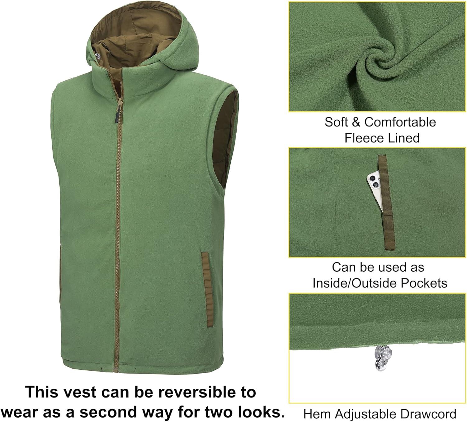 imageLittle Donkey Andy Mens Reversible Fleece Puffy Vest Warm Sleeveless Puffer Jacket with Removable Hood for Golfing HikingLaurel Oak