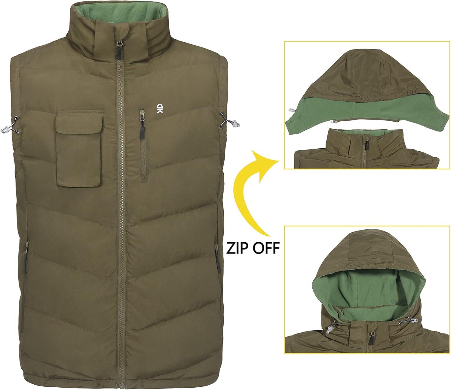 imageLittle Donkey Andy Mens Reversible Fleece Puffy Vest Warm Sleeveless Puffer Jacket with Removable Hood for Golfing HikingLaurel Oak