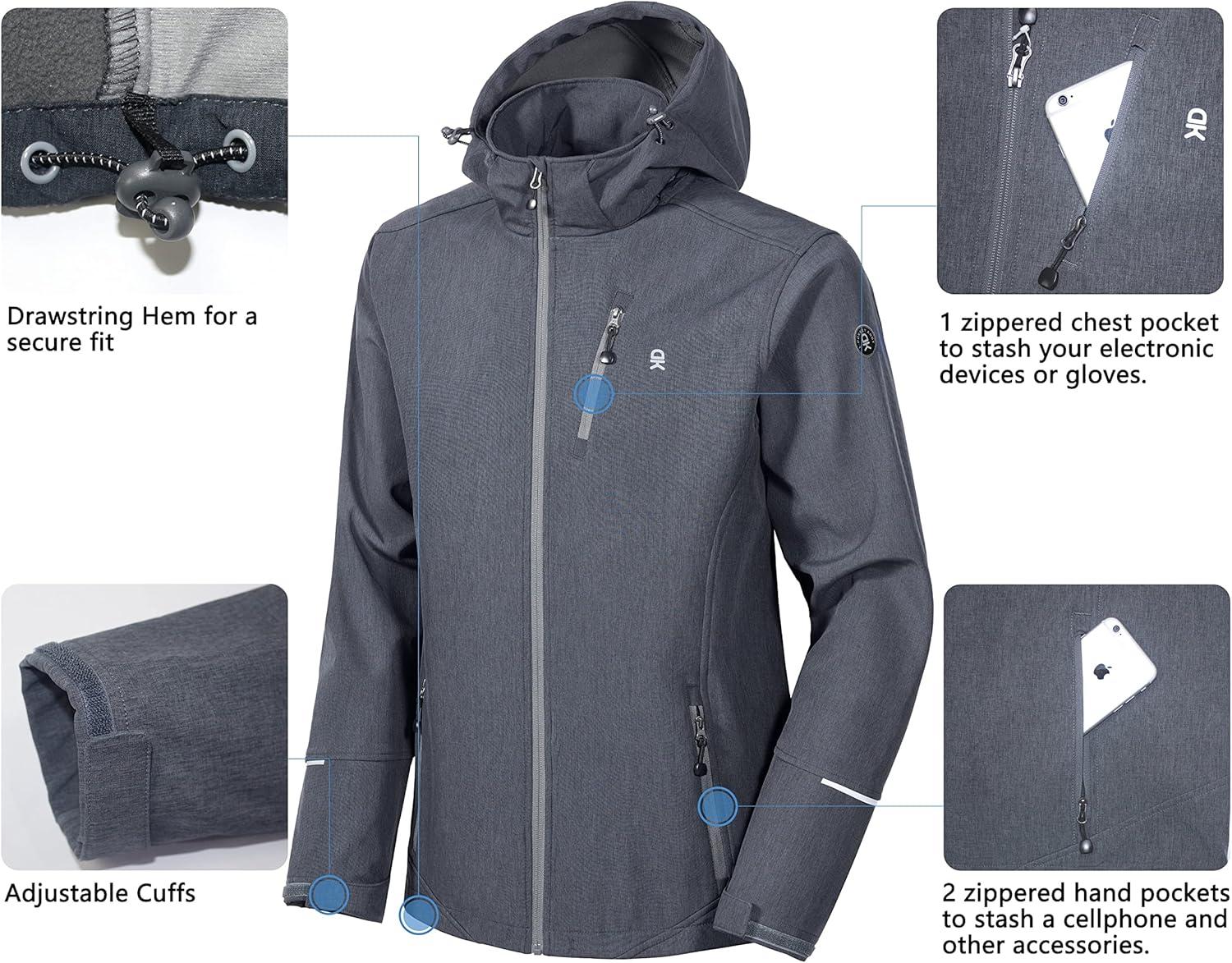 imageLittle Donkey Andy Mens Softshell Jacket Ski Jacket with Removable Hood Fleece LinedBlack Heather