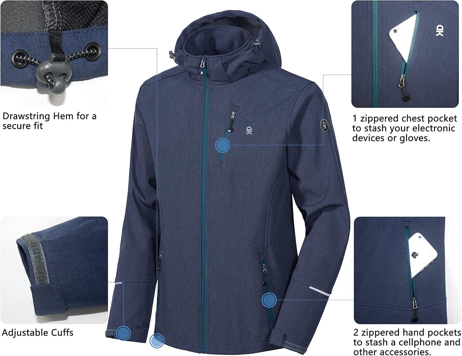 imageLittle Donkey Andy Mens Softshell Jacket Ski Jacket with Removable Hood Fleece LinedBlue Heather