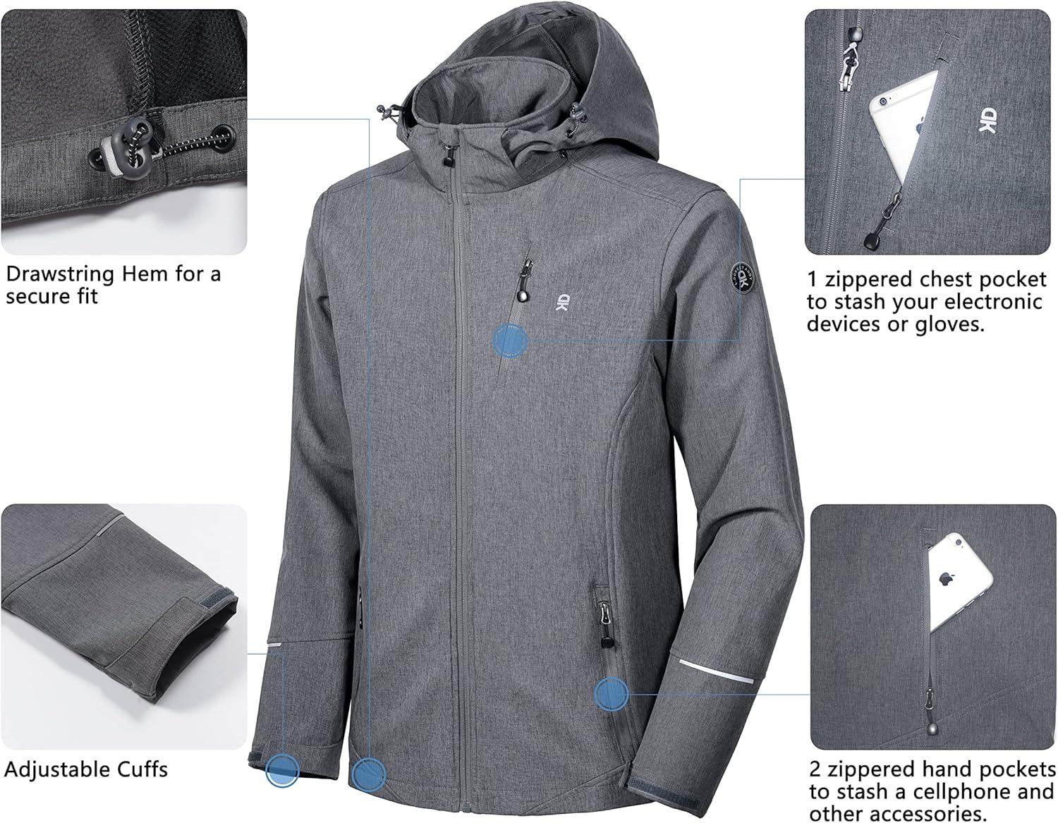 imageLittle Donkey Andy Mens Softshell Jacket Ski Jacket with Removable Hood Fleece LinedGray Heather