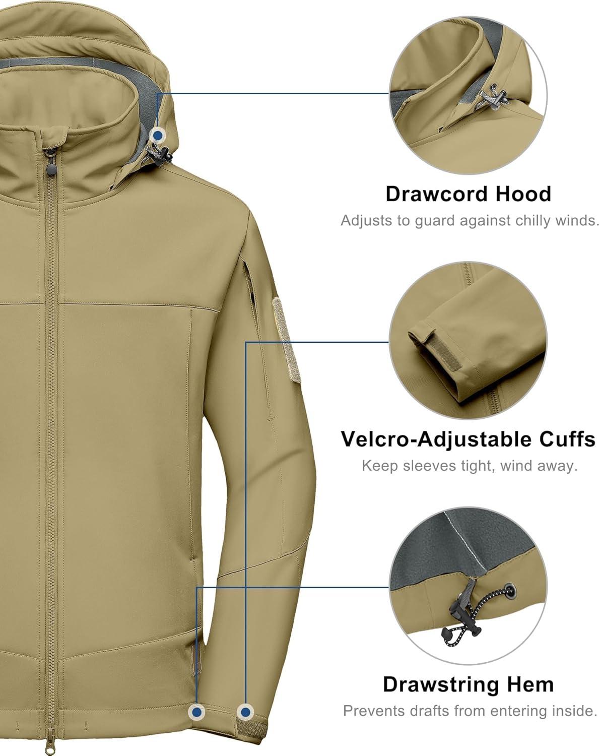 imageLittle Donkey Andy Mens Softshell Jacket Waterproof Hooded Windbreaker Rain with 8 Pockets Tactical Hiking Fleece LinedSand Color