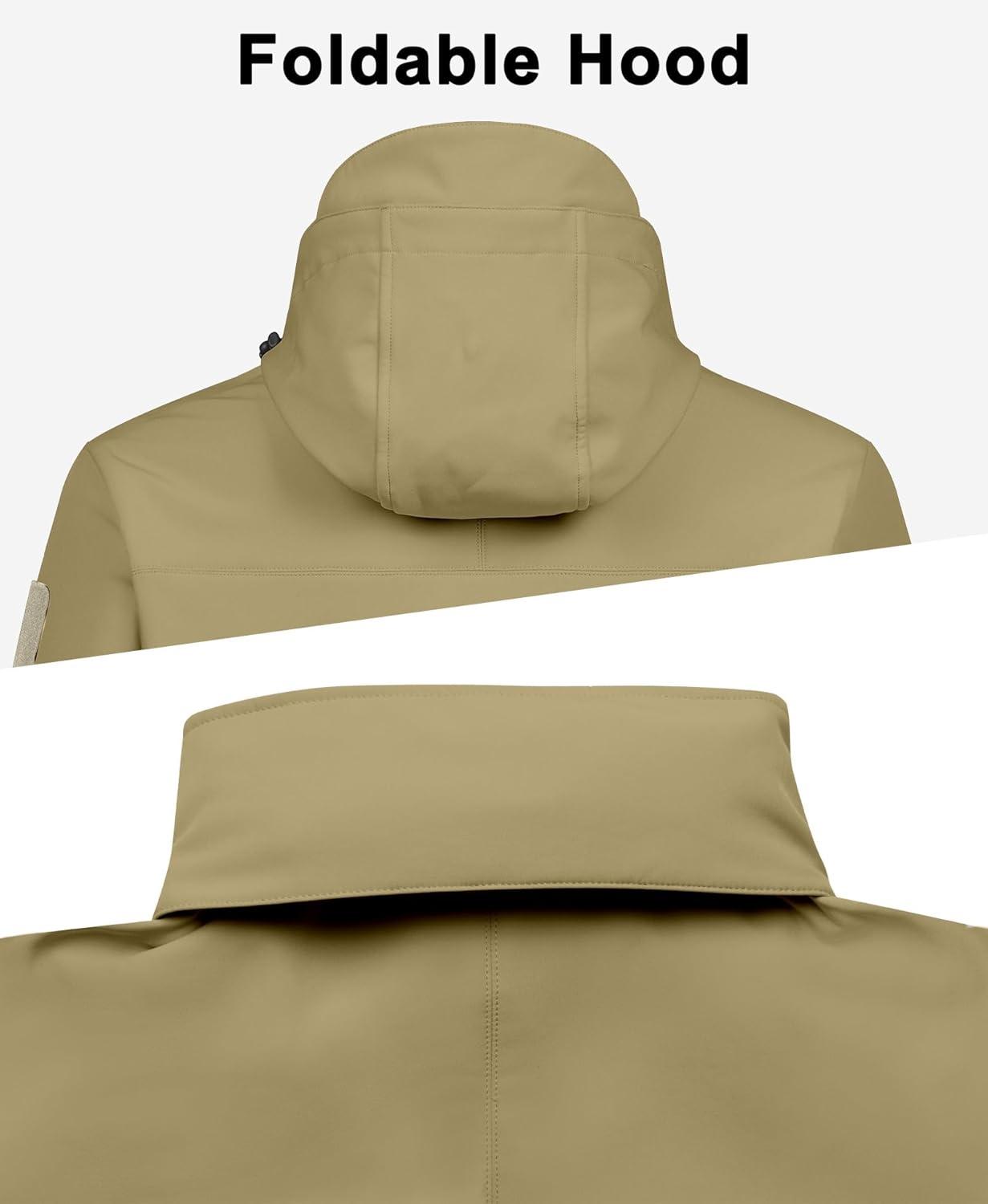 imageLittle Donkey Andy Mens Softshell Jacket Waterproof Hooded Windbreaker Rain with 8 Pockets Tactical Hiking Fleece LinedSand Color