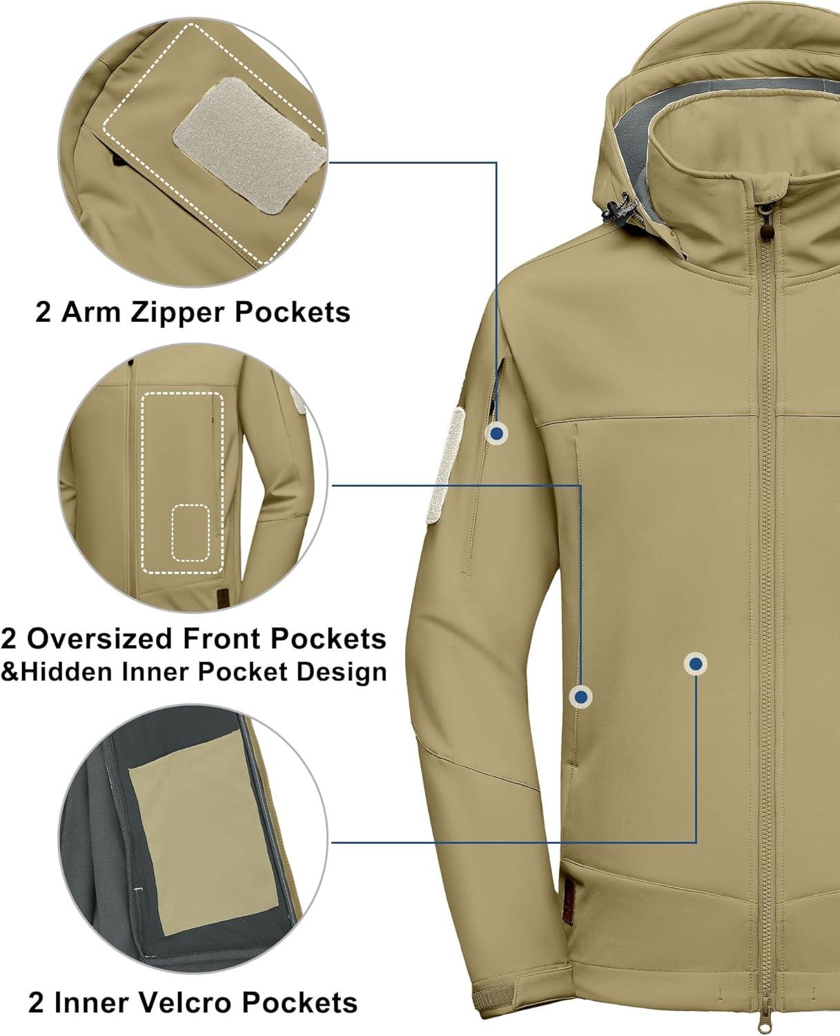 imageLittle Donkey Andy Mens Softshell Jacket Waterproof Hooded Windbreaker Rain with 8 Pockets Tactical Hiking Fleece LinedSand Color