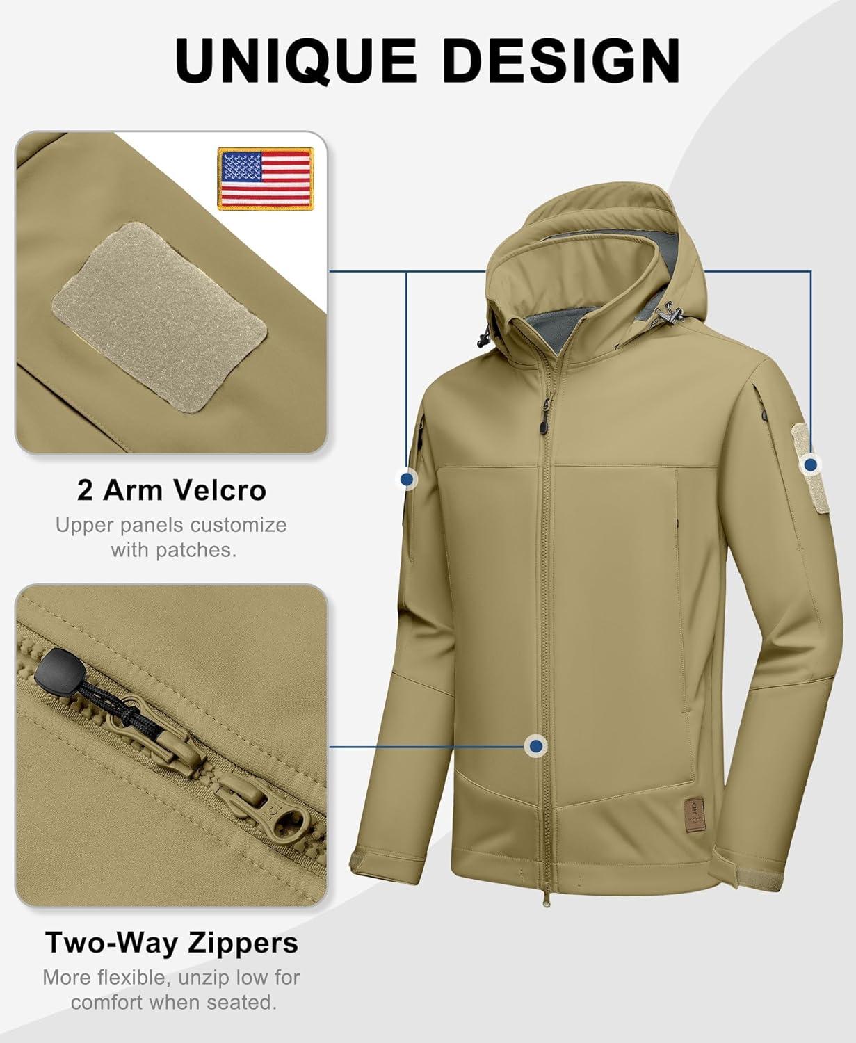 imageLittle Donkey Andy Mens Softshell Jacket Waterproof Hooded Windbreaker Rain with 8 Pockets Tactical Hiking Fleece LinedSand Color