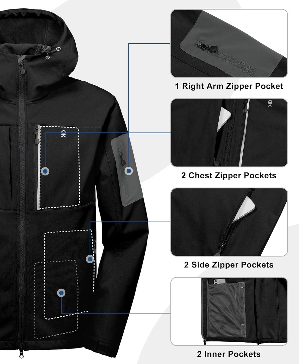 imageLittle Donkey Andy Mens Softshell Jacket with Hood Windbreaker Fleece Lined Waterproof Jackets 7 Pockets for Tactical HikingBlack