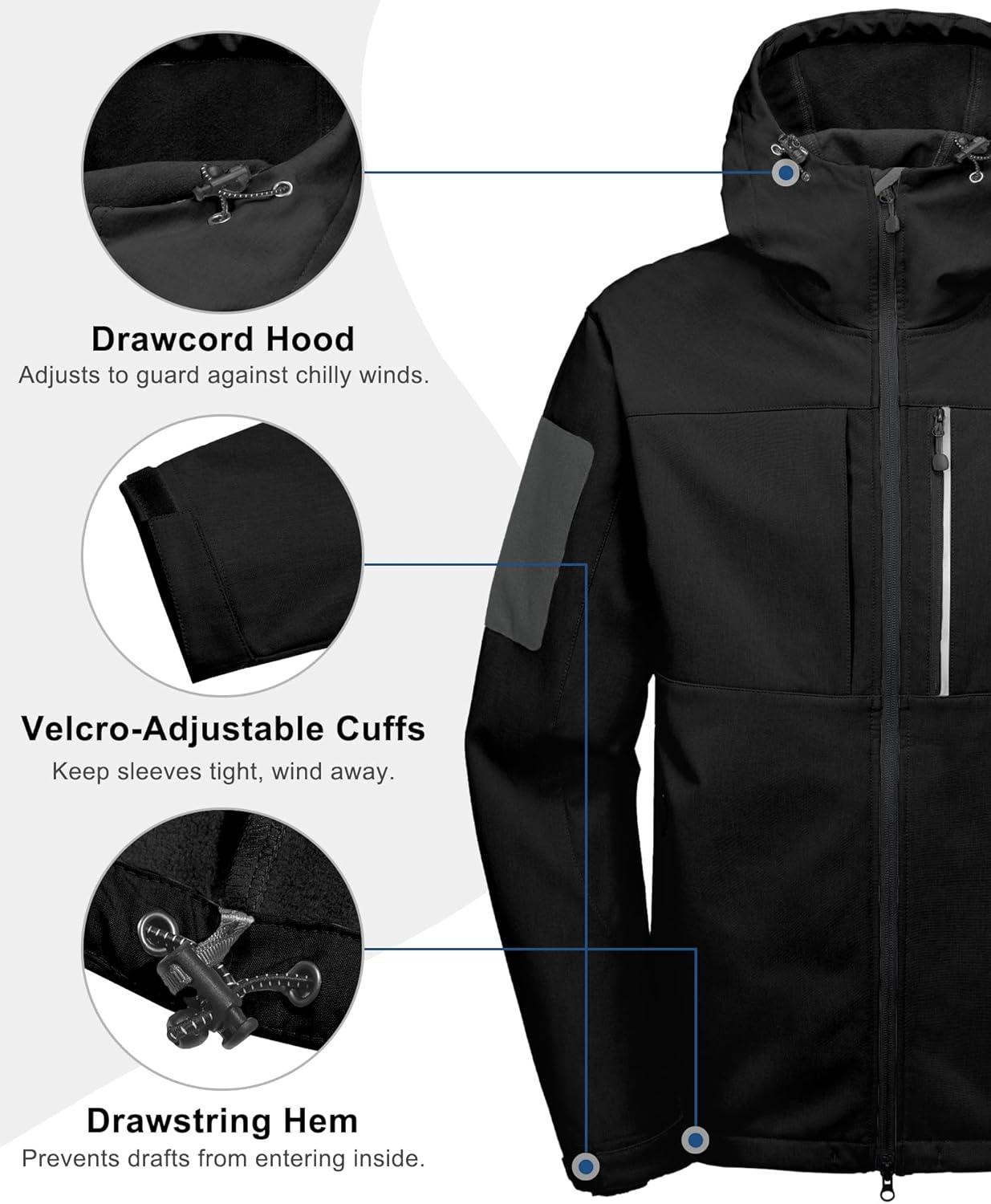 imageLittle Donkey Andy Mens Softshell Jacket with Hood Windbreaker Fleece Lined Waterproof Jackets 7 Pockets for Tactical HikingBlack
