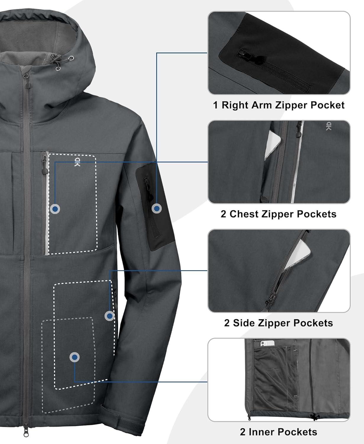 imageLittle Donkey Andy Mens Softshell Jacket with Hood Windbreaker Fleece Lined Waterproof Jackets 7 Pockets for Tactical HikingCharcoal Heather