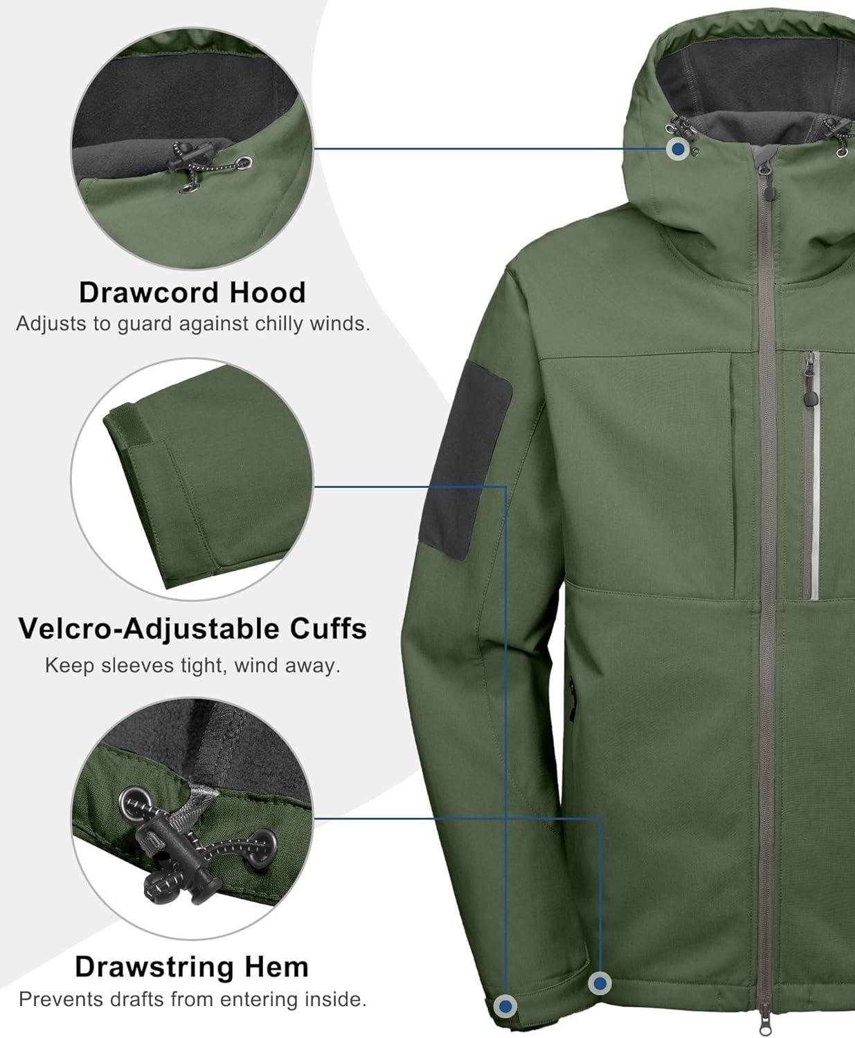 imageLittle Donkey Andy Mens Softshell Jacket with Hood Windbreaker Fleece Lined Waterproof Jackets 7 Pockets for Tactical HikingDark Green