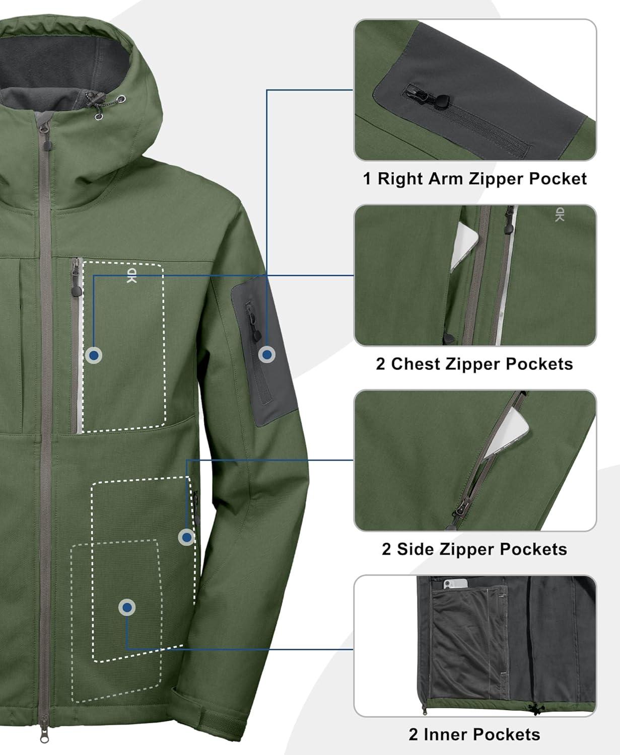 imageLittle Donkey Andy Mens Softshell Jacket with Hood Windbreaker Fleece Lined Waterproof Jackets 7 Pockets for Tactical HikingDark Green