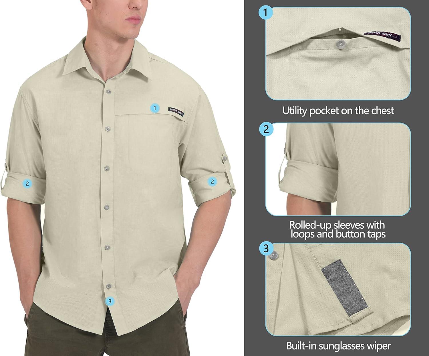 imageLittle Donkey Andy Mens UPF 50 UV Protection Shirt Breathable Long Sleeve Fishing Hiking Shirt AirHoles TechLight Khaki Heather