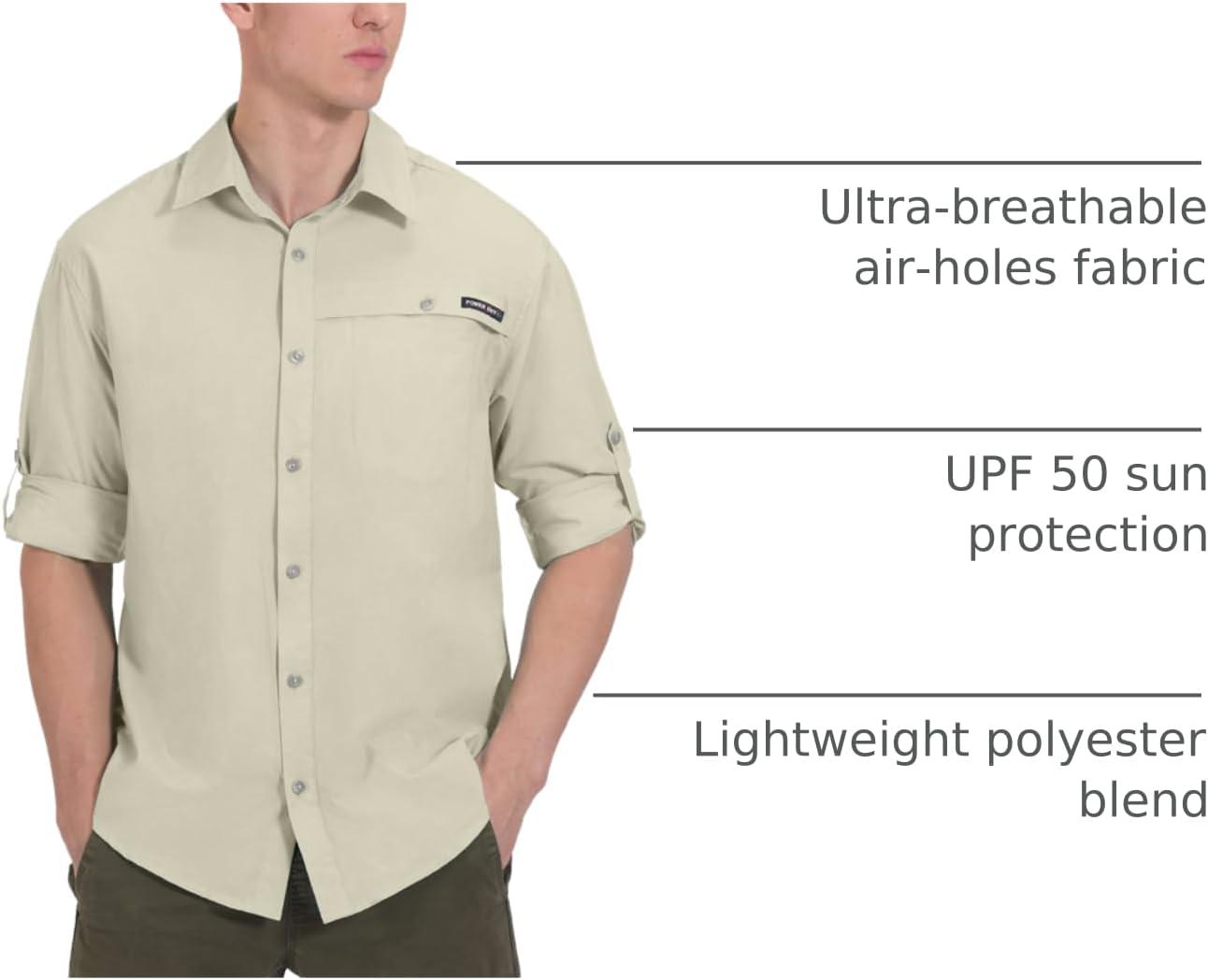imageLittle Donkey Andy Mens UPF 50 UV Protection Shirt Breathable Long Sleeve Fishing Hiking Shirt AirHoles TechLight Khaki Heather