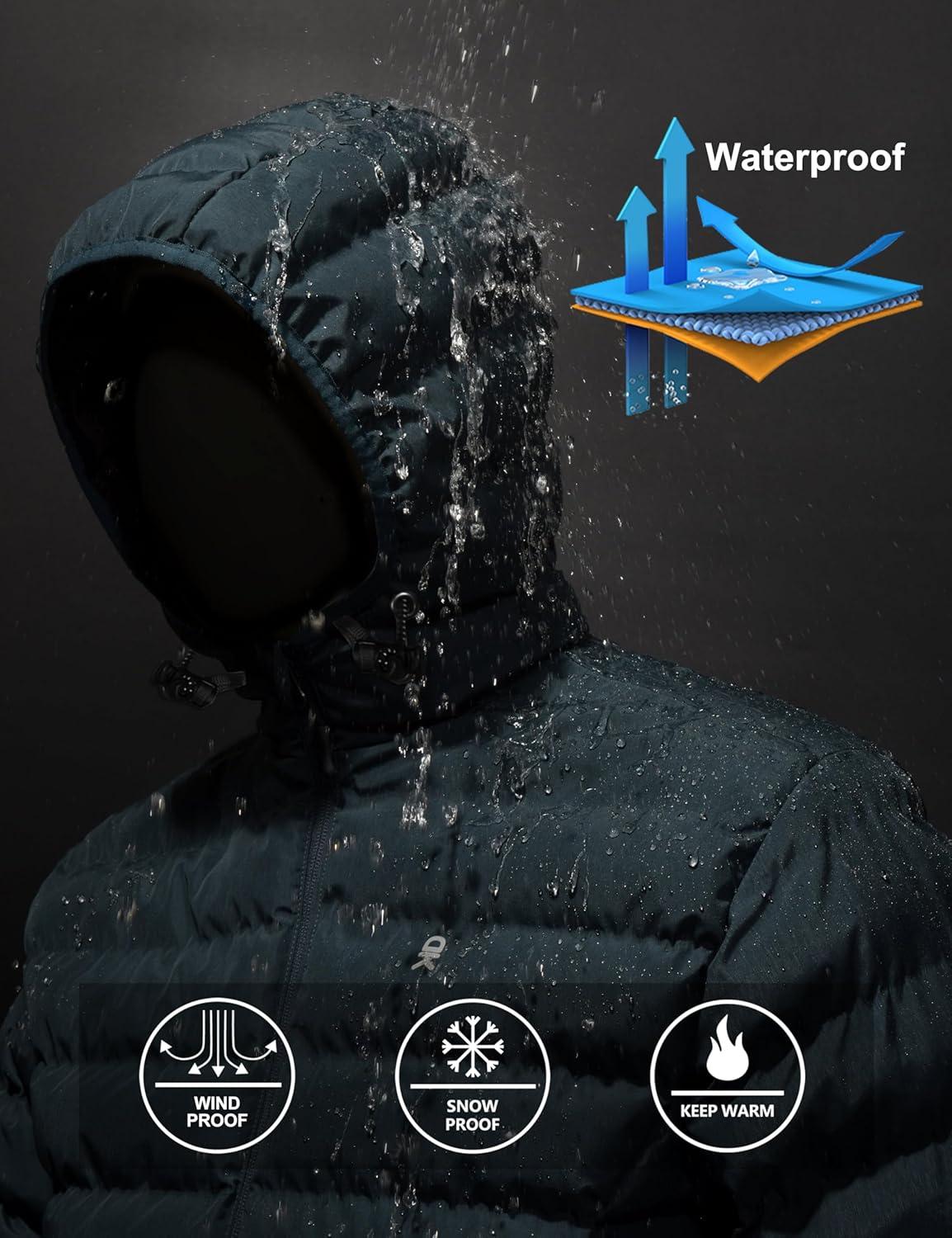 imageLittle Donkey Andy Mens Warm Waterproof Puffer Jacket Hooded Windproof Winter Coat with Recycled InsulationDark Blue Heather