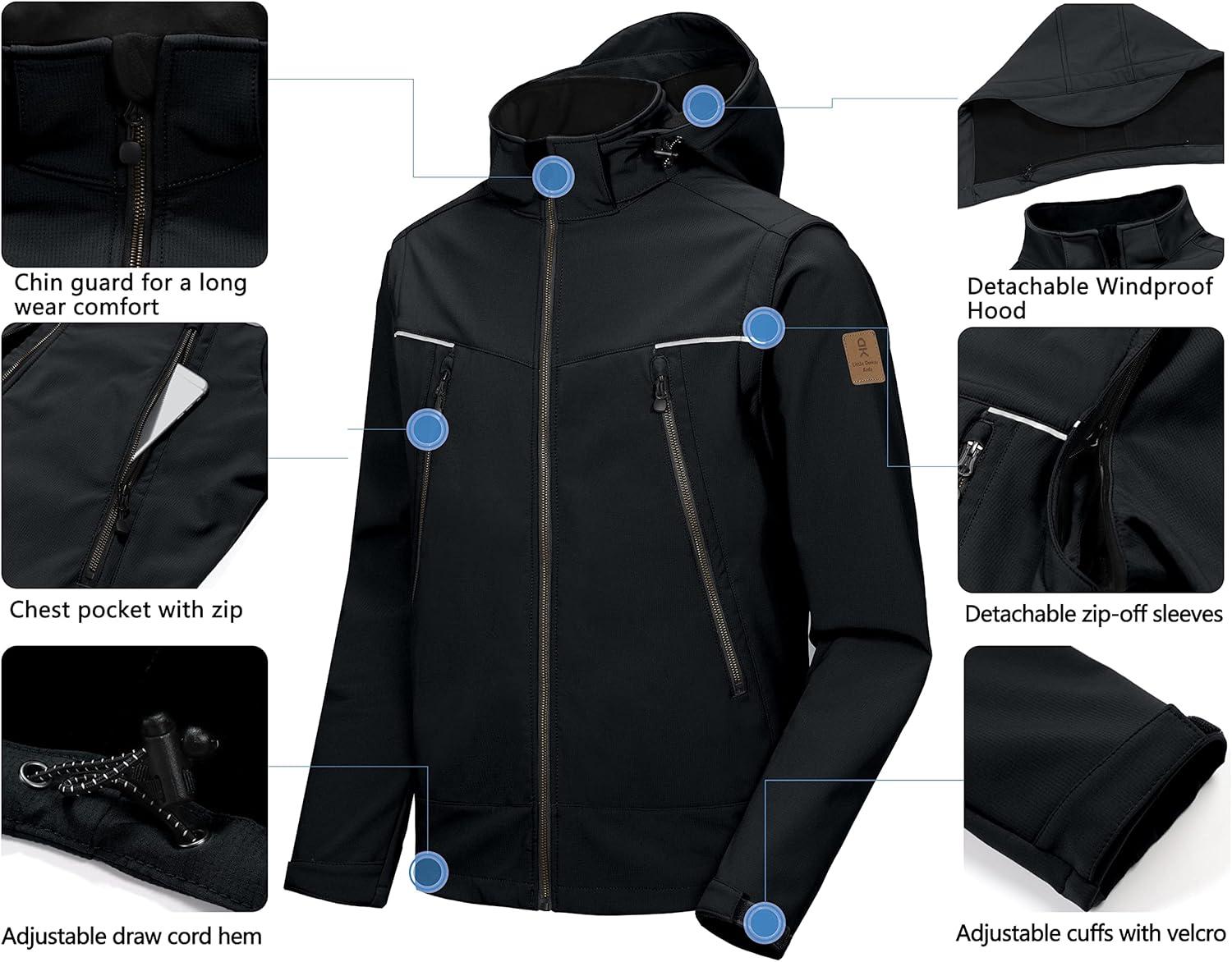 imageLittle Donkey Andy Mens Waterproof Softshell Jacket with Detachable Sleeves and Hood Fleece Mountain Ski Snow Rain CoatBlack