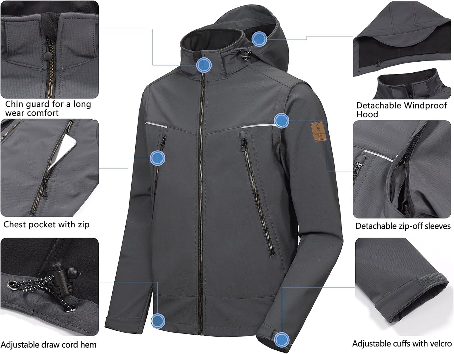 imageLittle Donkey Andy Mens Waterproof Softshell Jacket with Detachable Sleeves and Hood Fleece Mountain Ski Snow Rain CoatGray