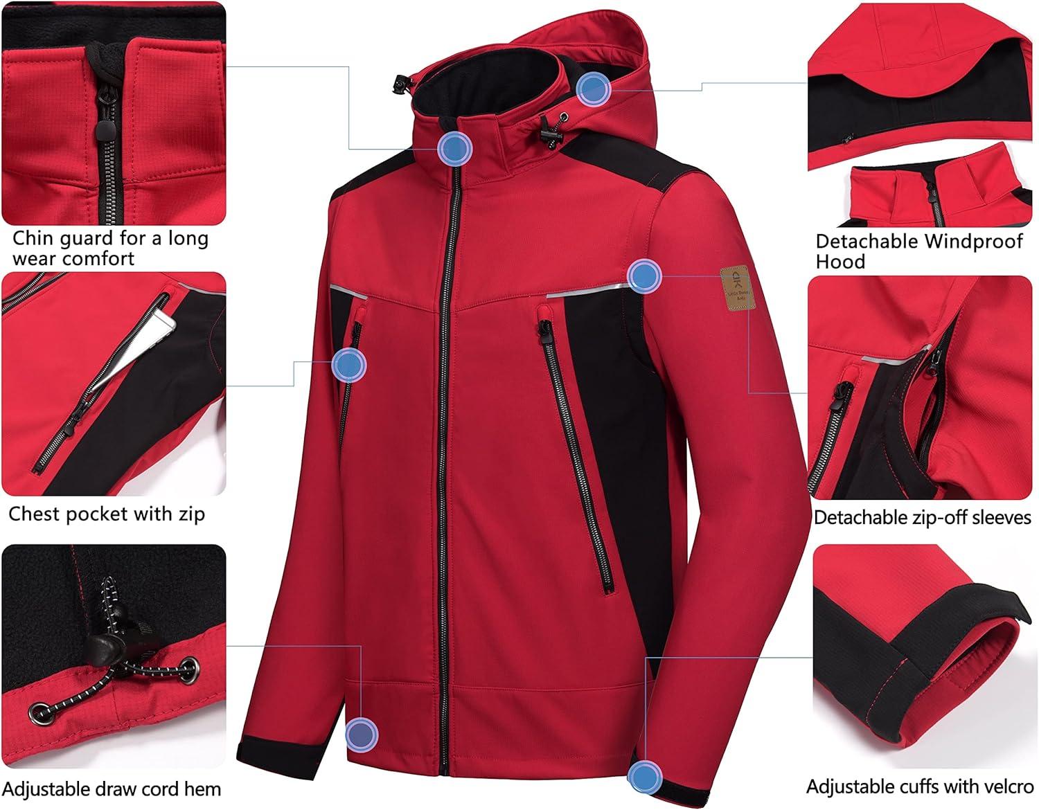 imageLittle Donkey Andy Mens Waterproof Softshell Jacket with Detachable Sleeves and Hood Fleece Mountain Ski Snow Rain CoatRed