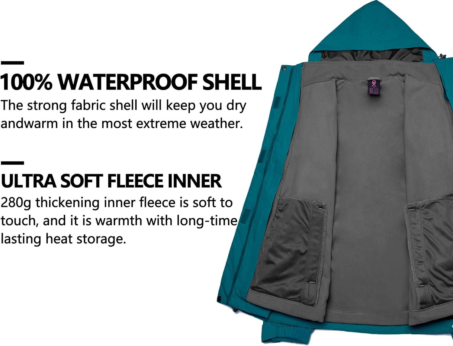 imageLittle Donkey Andy Womens 3 in 1 Winter Ski Jacket Warm Fleece Liner Jacket Waterproof Windproof Snow Coat ampamp Detachable HoodGreen Blue