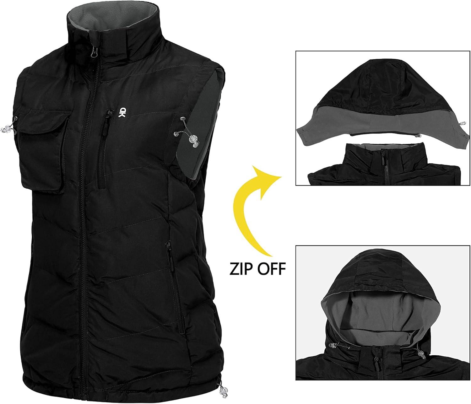 imageLittle Donkey Andy Womens Fleece Puffy Vest Warm Sleeveless Puffer Jacket with Removable Hood for Golfing HikingBlack