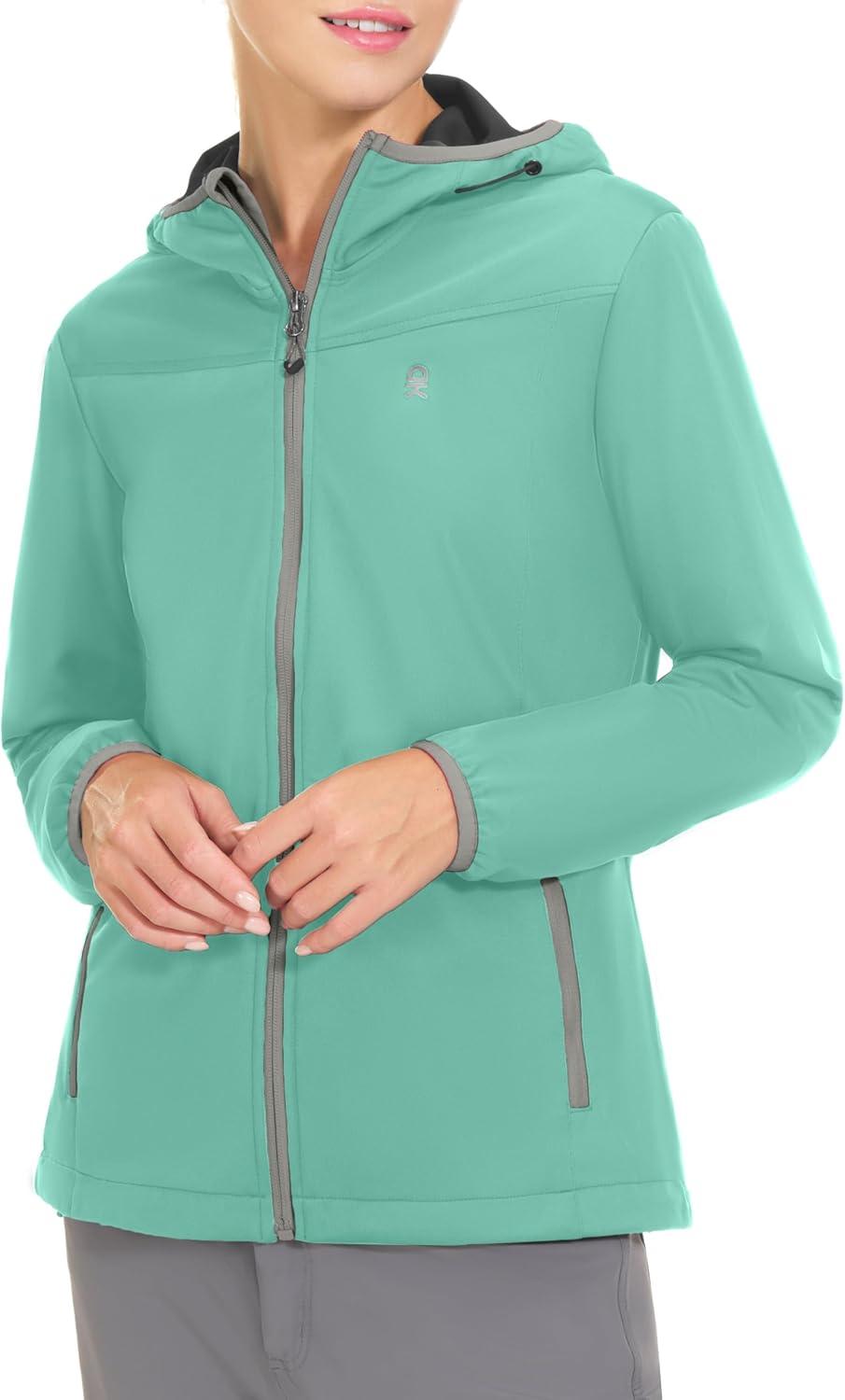 imageLittle Donkey Andy Womens Lightweight Hooded Softshell Jacket for Running Travel Hiking Windproof Water RepellentAqua Green