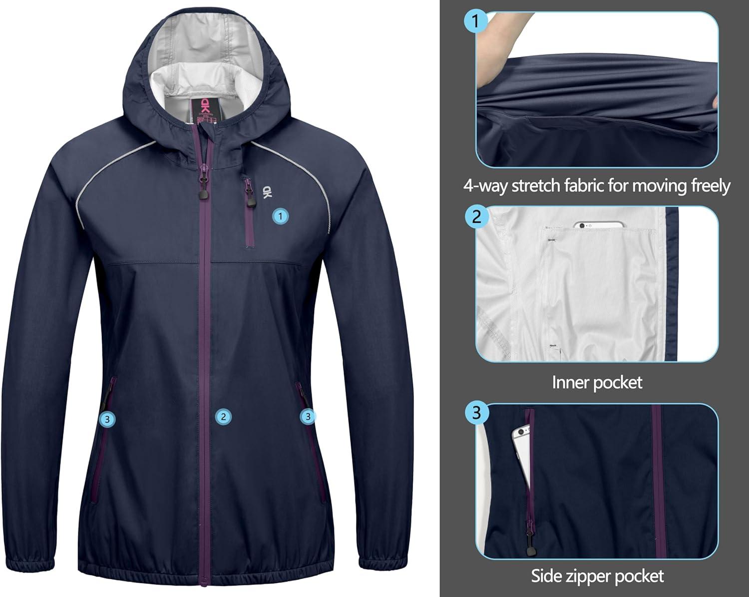 imageLittle Donkey Andy Womens Lightweight Rain Cycling Stretch Jacket with Hood Windproof and Waterproof Ultralight PackableUpgrade Hoodensign Blue