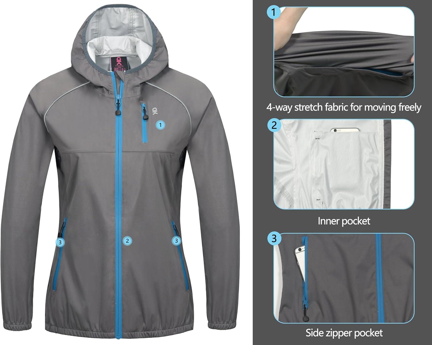imageLittle Donkey Andy Womens Lightweight Rain Cycling Stretch Jacket with Hood Windproof and Waterproof Ultralight PackableUpgrade Hoodgray