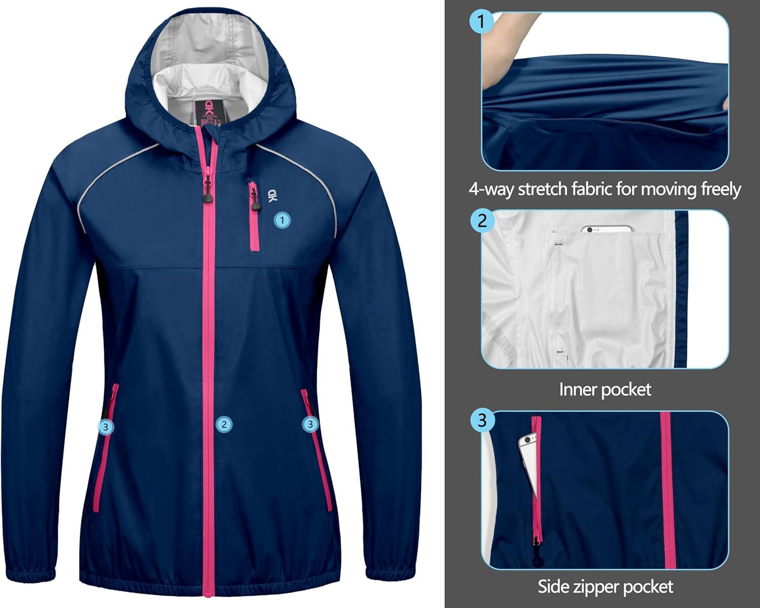 imageLittle Donkey Andy Womens Lightweight Rain Cycling Stretch Jacket with Hood Windproof and Waterproof Ultralight PackableUpgrade Hoodnavy
