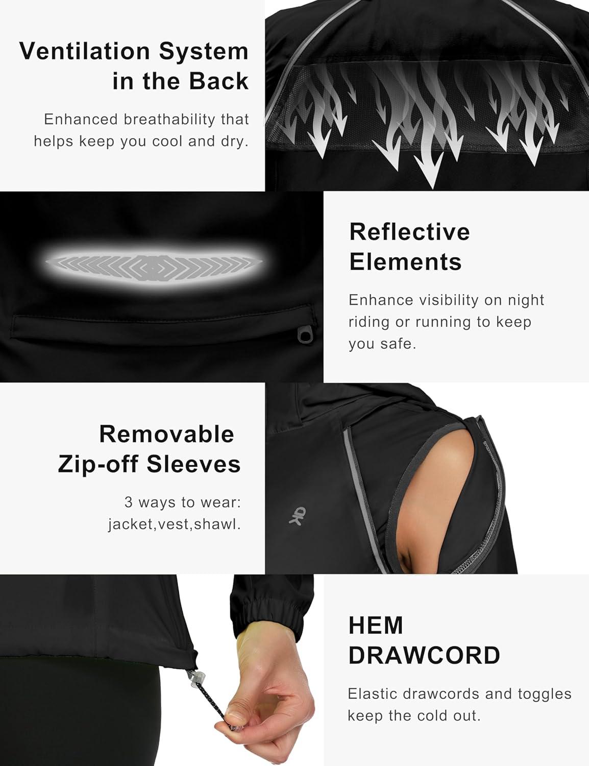 imageLittle Donkey Andy Womens Lightweight Waterproof Cycling Jacket with Removable Sleeves ampamp Hood for Biking Running GolfBlack