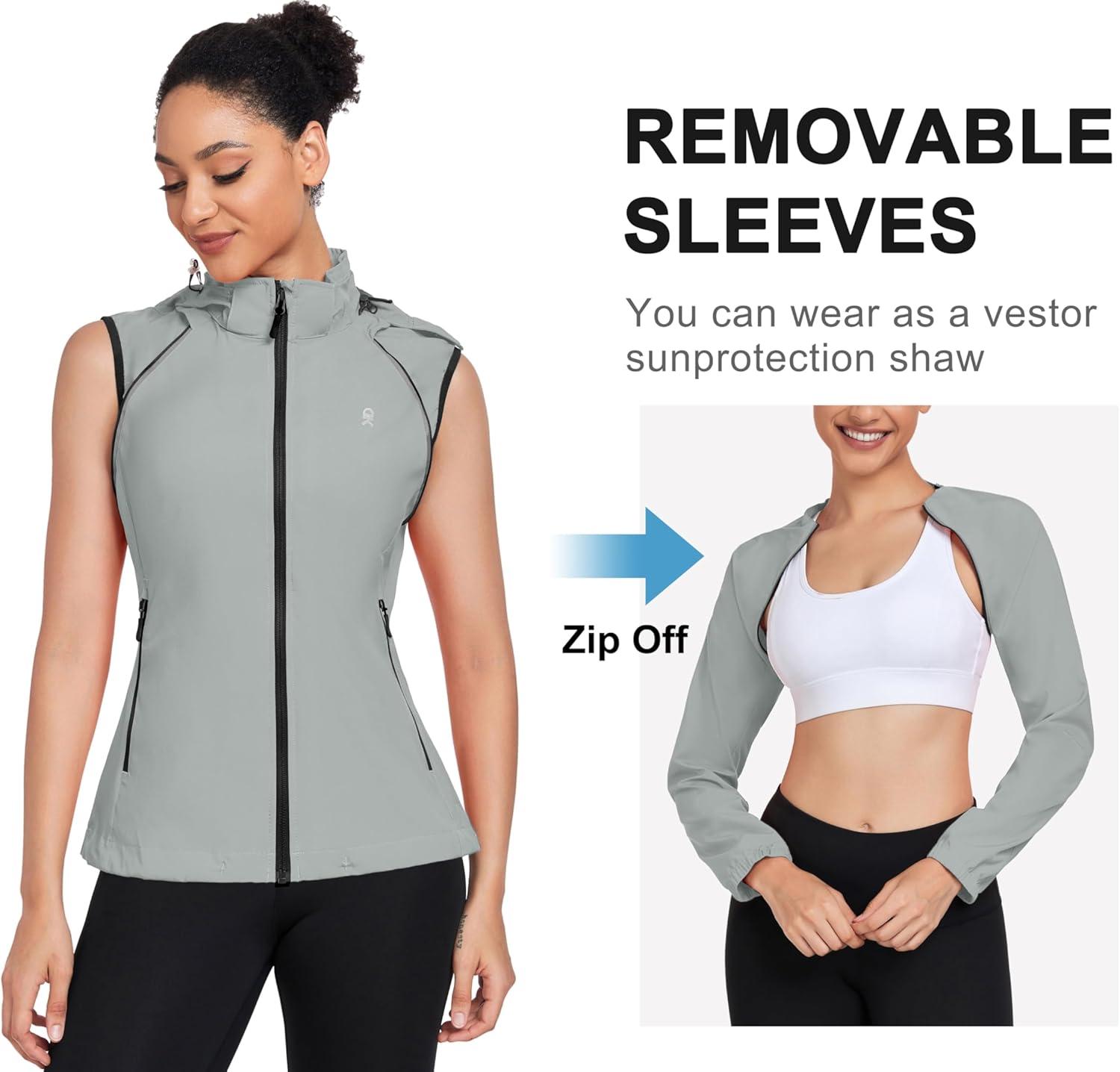 imageLittle Donkey Andy Womens Lightweight Waterproof Cycling Jacket with Removable Sleeves ampamp Hood for Biking Running GolfLight Gray