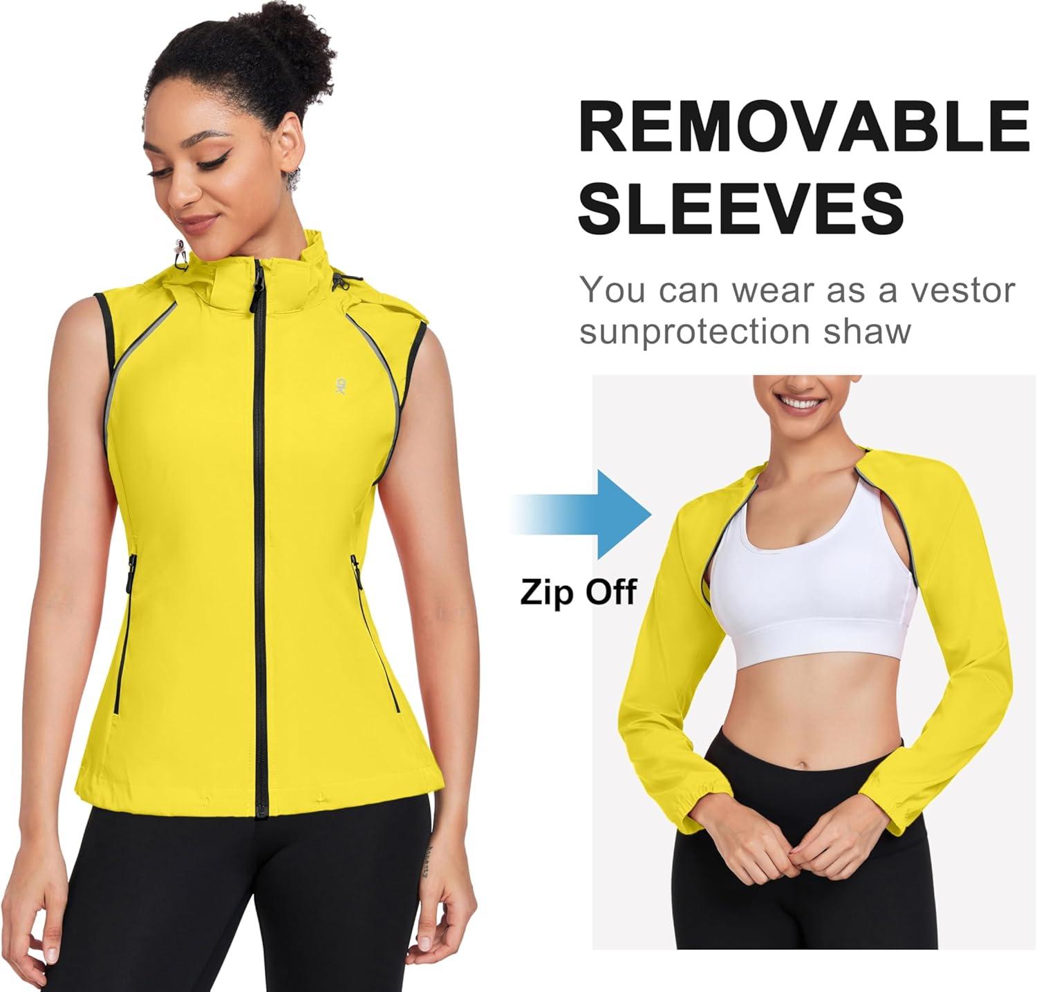 imageLittle Donkey Andy Womens Lightweight Waterproof Cycling Jacket with Removable Sleeves ampamp Hood for Biking Running GolfYellow