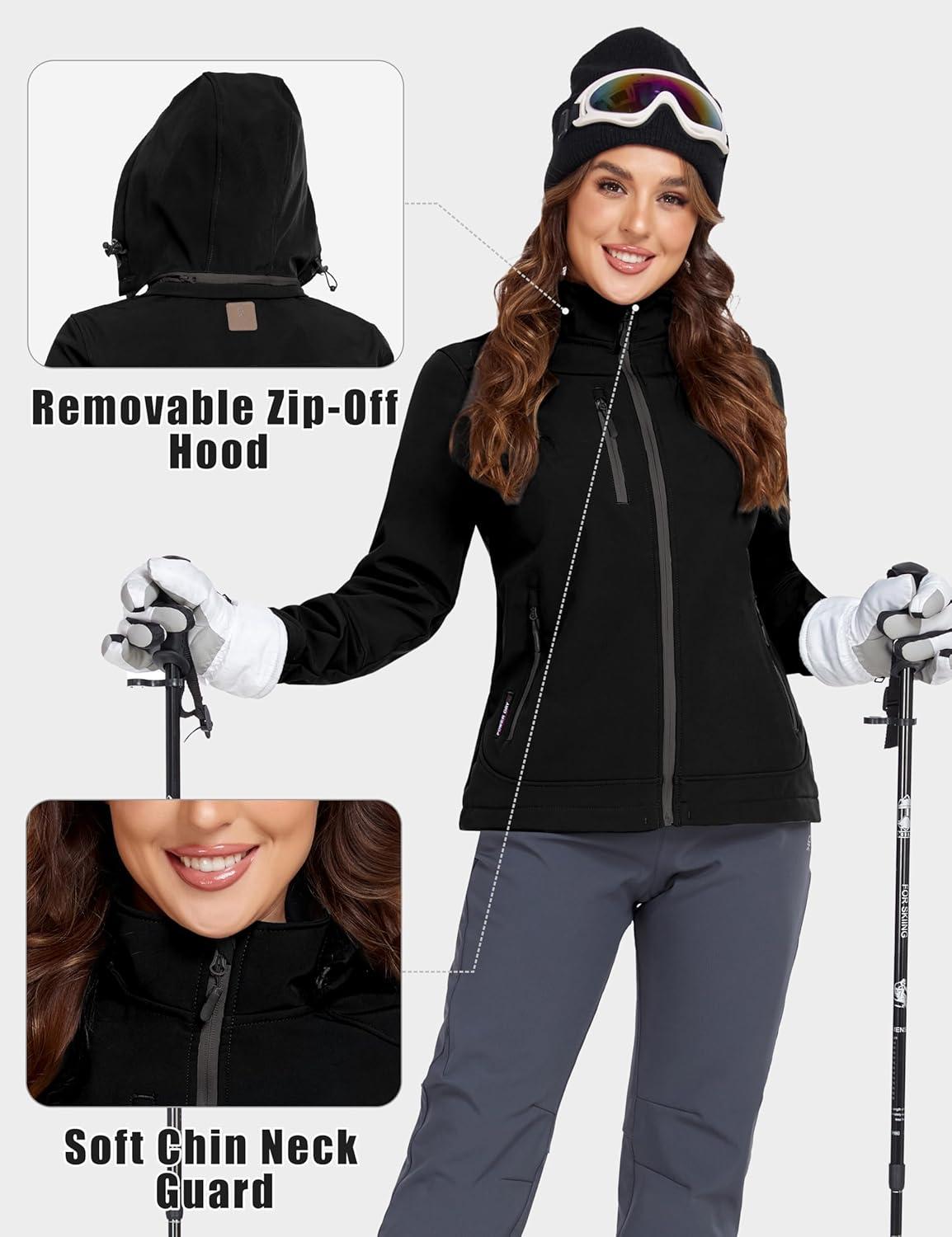 imageLittle Donkey Andy Womens Softshell Jacket Ski Snowboarding Jacket with Removable Hood Fleece LinedUpgrade Black
