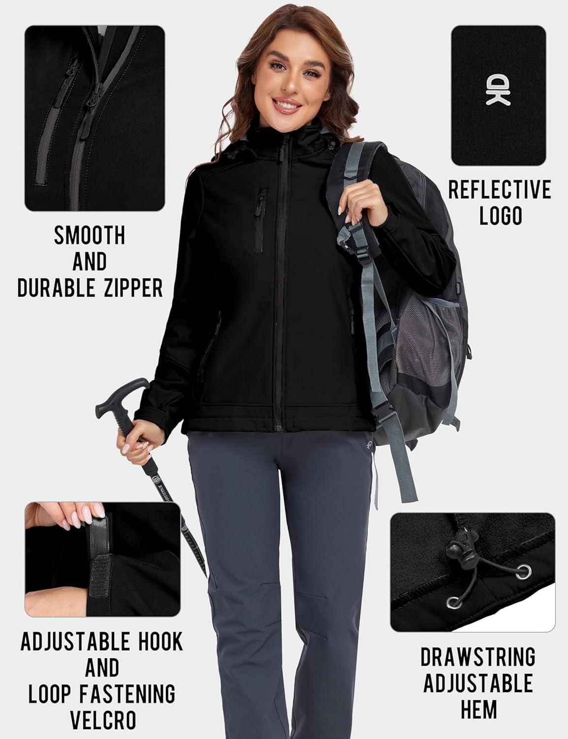 imageLittle Donkey Andy Womens Softshell Jacket Ski Snowboarding Jacket with Removable Hood Fleece LinedUpgrade Black