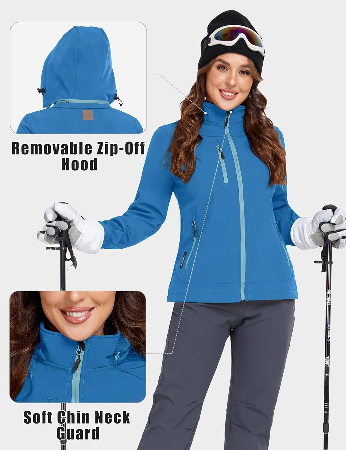 imageLittle Donkey Andy Womens Softshell Jacket Ski Snowboarding Jacket with Removable Hood Fleece LinedUpgrade Cerulean