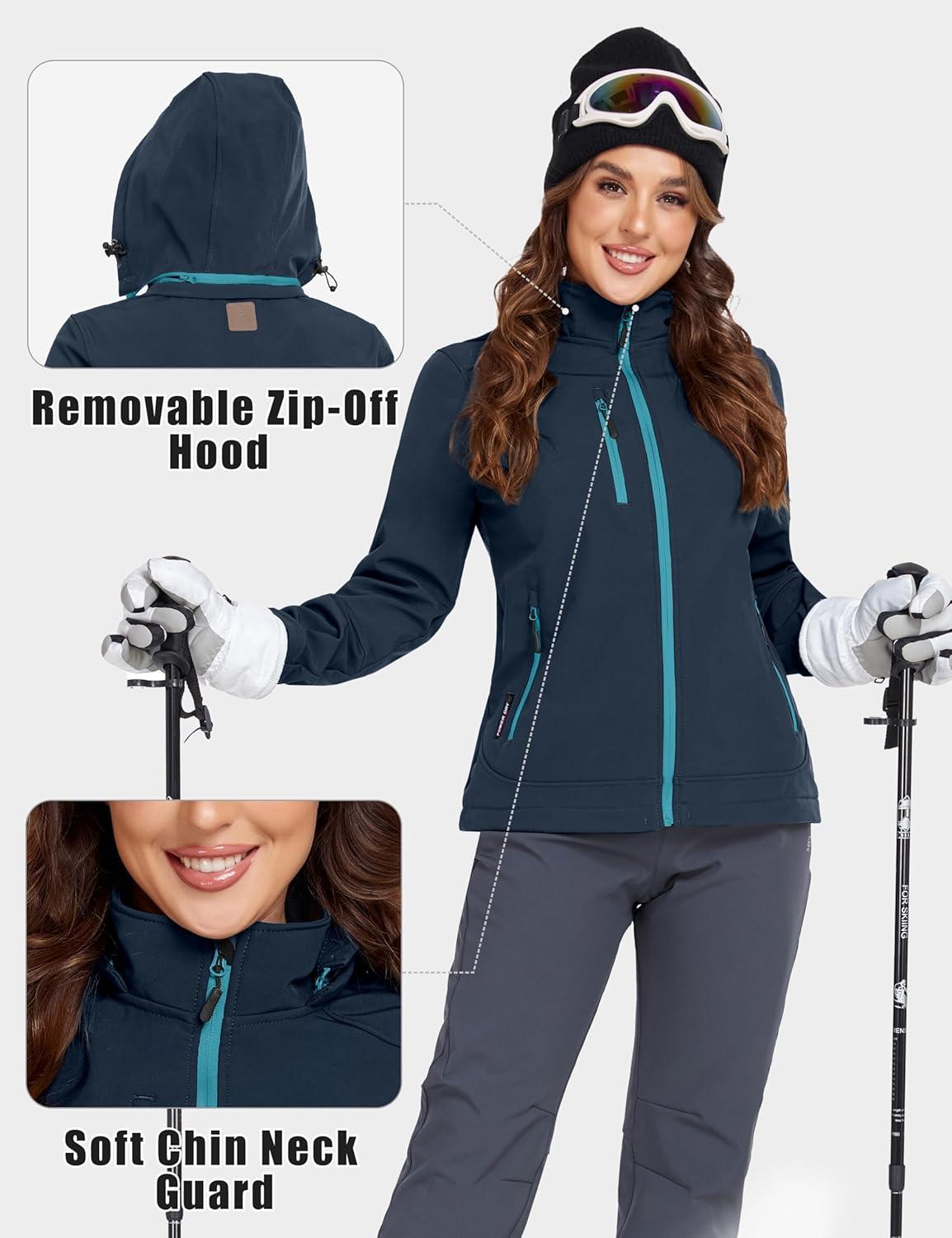 imageLittle Donkey Andy Womens Softshell Jacket Ski Snowboarding Jacket with Removable Hood Fleece LinedUpgrade Dark Blue