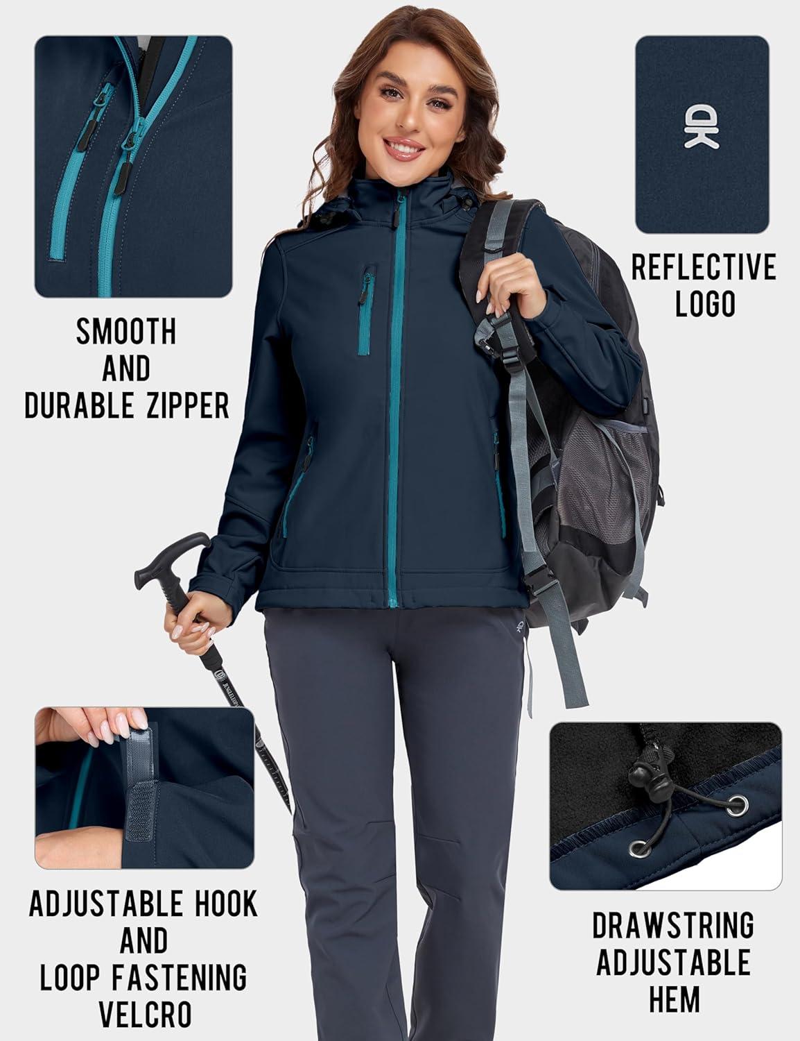 imageLittle Donkey Andy Womens Softshell Jacket Ski Snowboarding Jacket with Removable Hood Fleece LinedUpgrade Dark Blue