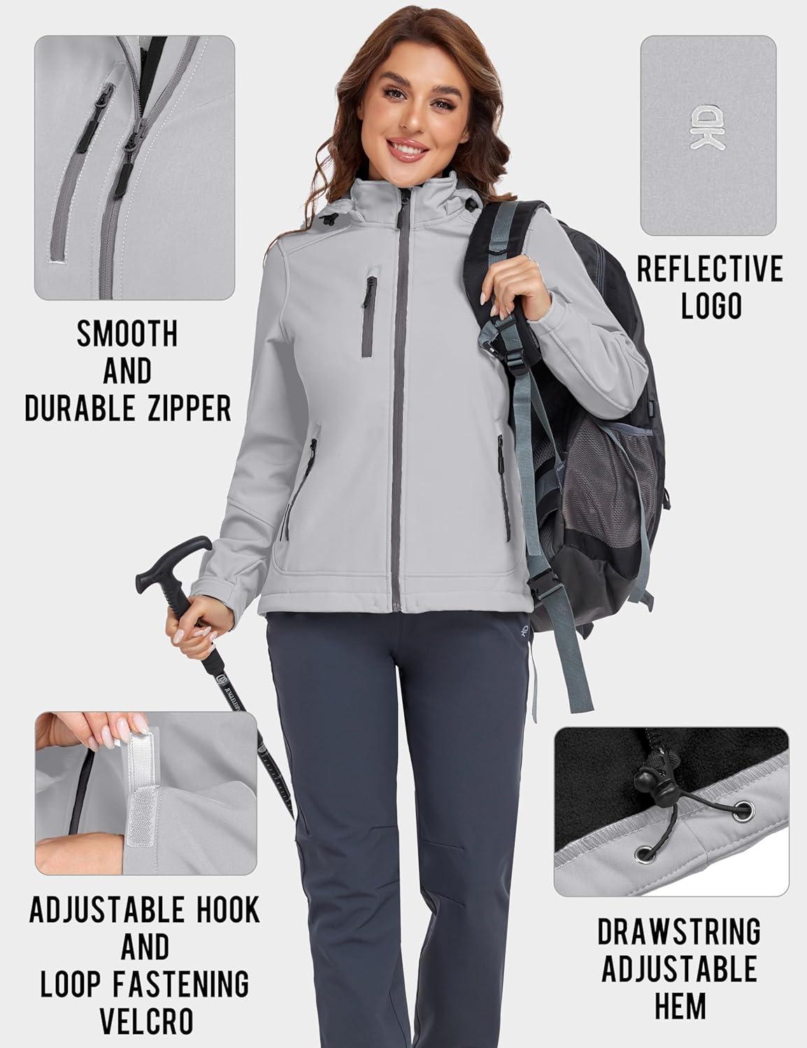 imageLittle Donkey Andy Womens Softshell Jacket Ski Snowboarding Jacket with Removable Hood Fleece LinedUpgrade Light Gray
