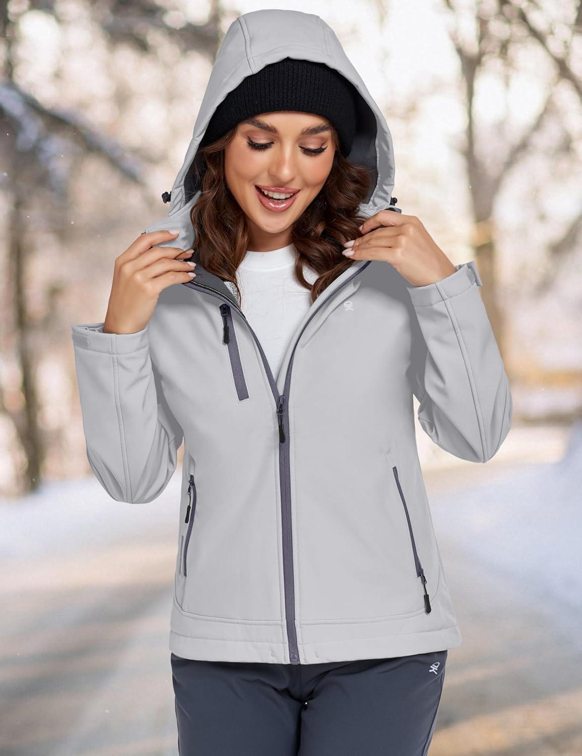 imageLittle Donkey Andy Womens Softshell Jacket Ski Snowboarding Jacket with Removable Hood Fleece LinedUpgrade Light Gray