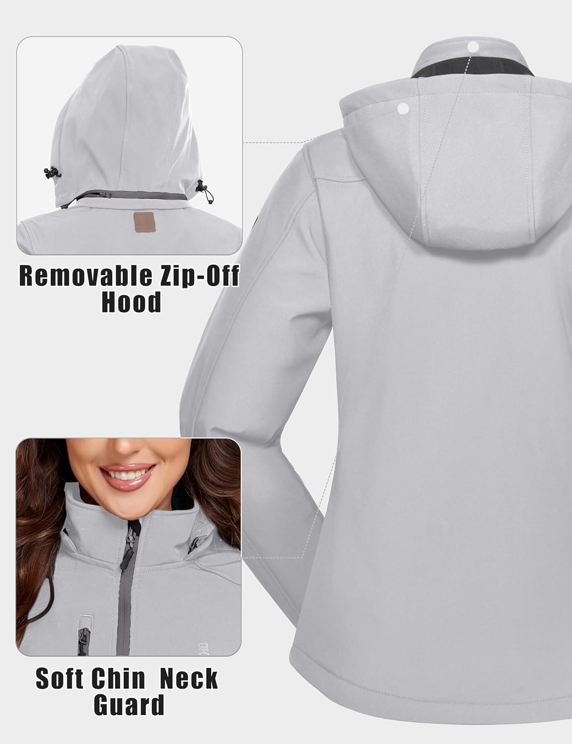 imageLittle Donkey Andy Womens Softshell Jacket Ski Snowboarding Jacket with Removable Hood Fleece LinedUpgrade Light Gray