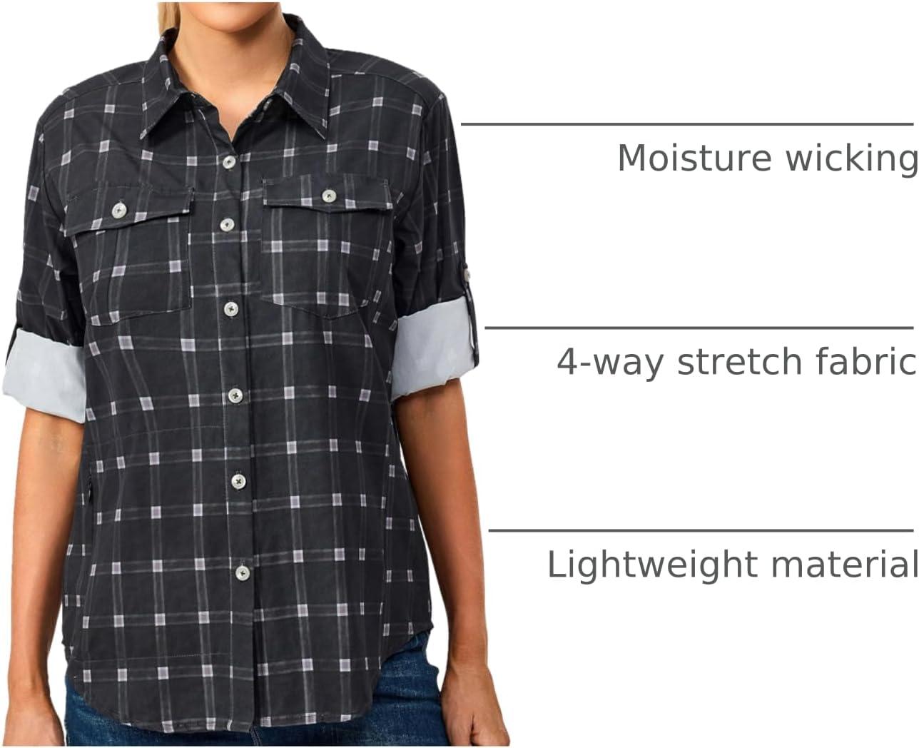 imageLittle Donkey Andy Womens Stretch Quick Dry UPF50 Long Sleeve Shirt for Hiking Travel CampingBlack Plaid