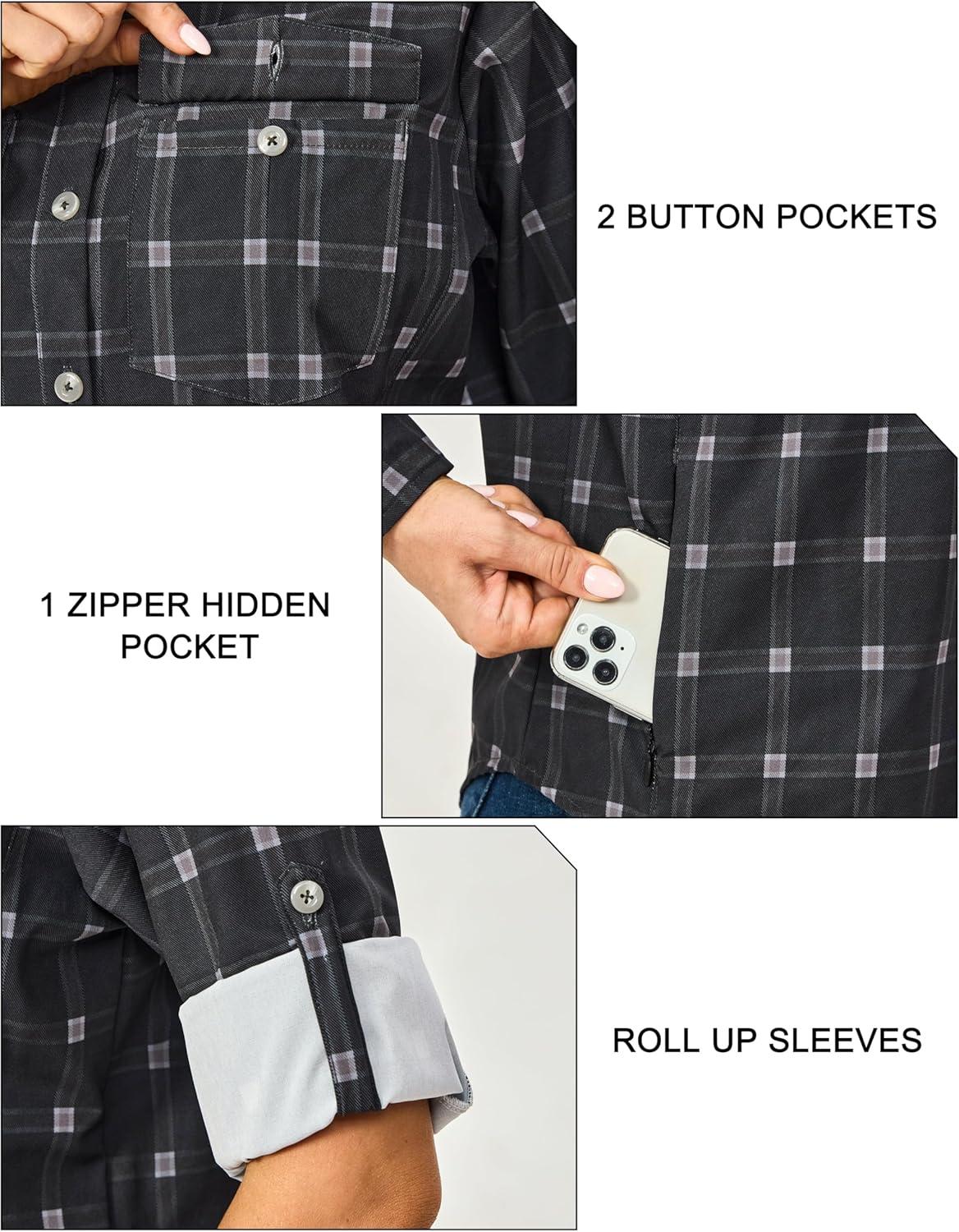imageLittle Donkey Andy Womens Stretch Quick Dry UPF50 Long Sleeve Shirt for Hiking Travel CampingBlack Plaid