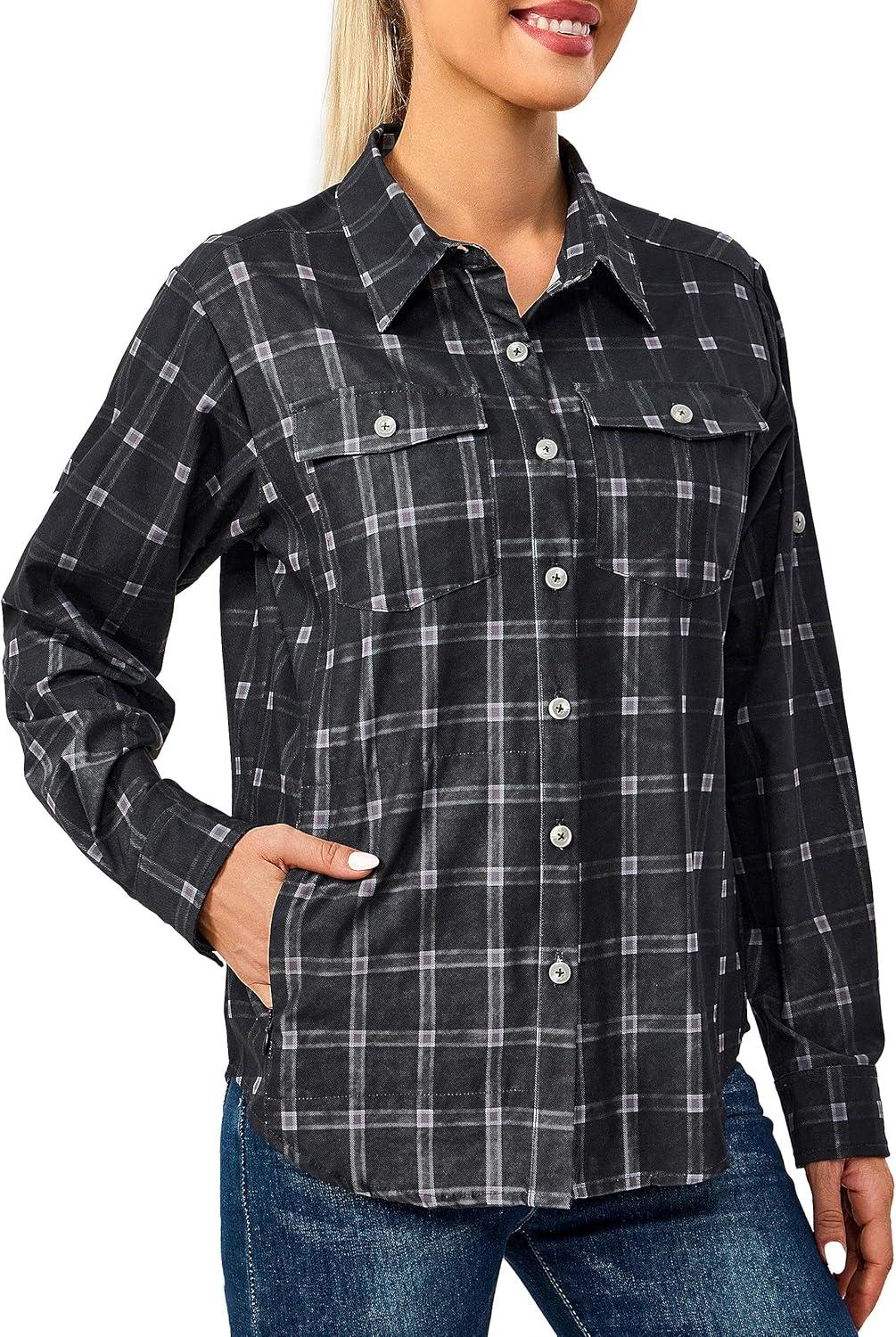 imageLittle Donkey Andy Womens Stretch Quick Dry UPF50 Long Sleeve Shirt for Hiking Travel CampingBlack Plaid