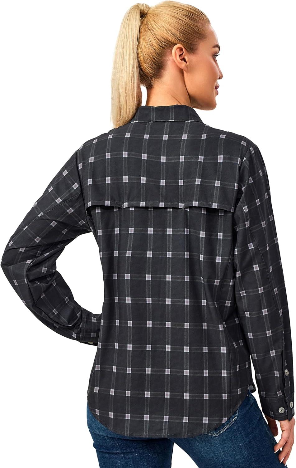 imageLittle Donkey Andy Womens Stretch Quick Dry UPF50 Long Sleeve Shirt for Hiking Travel CampingBlack Plaid