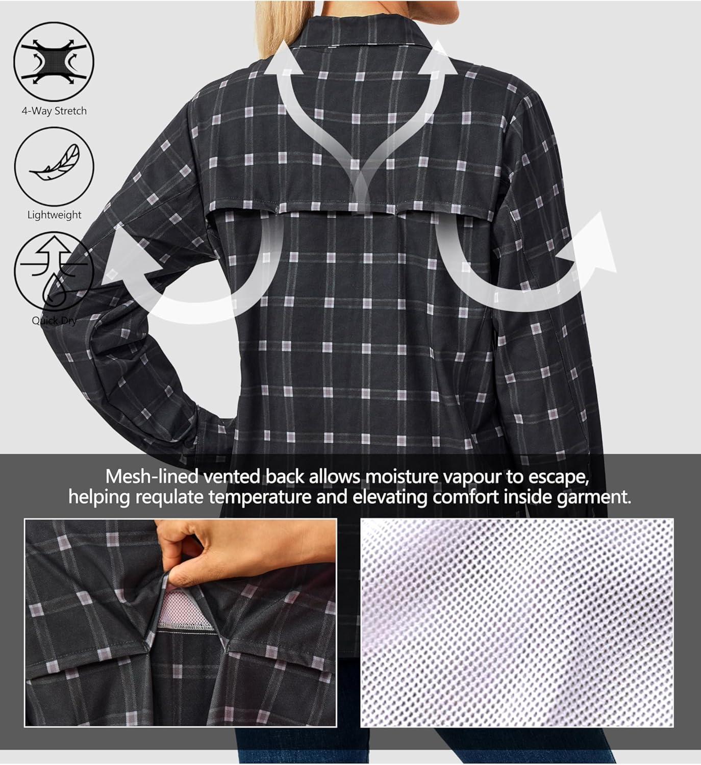 imageLittle Donkey Andy Womens Stretch Quick Dry UPF50 Long Sleeve Shirt for Hiking Travel CampingBlack Plaid