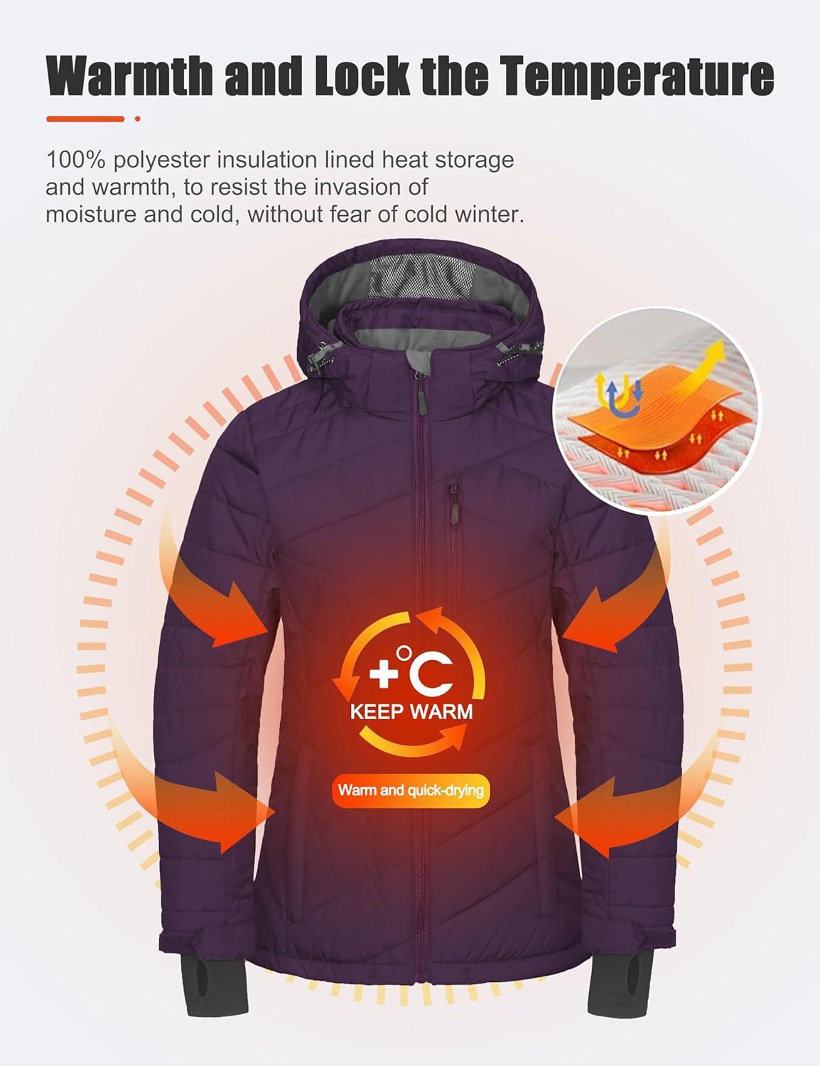 imageLittle Donkey Andy Womens Warm Ski Jacket Water Resistant Insulated Snowboarding Jacket Windproof Winter Snow CoatDark Purple